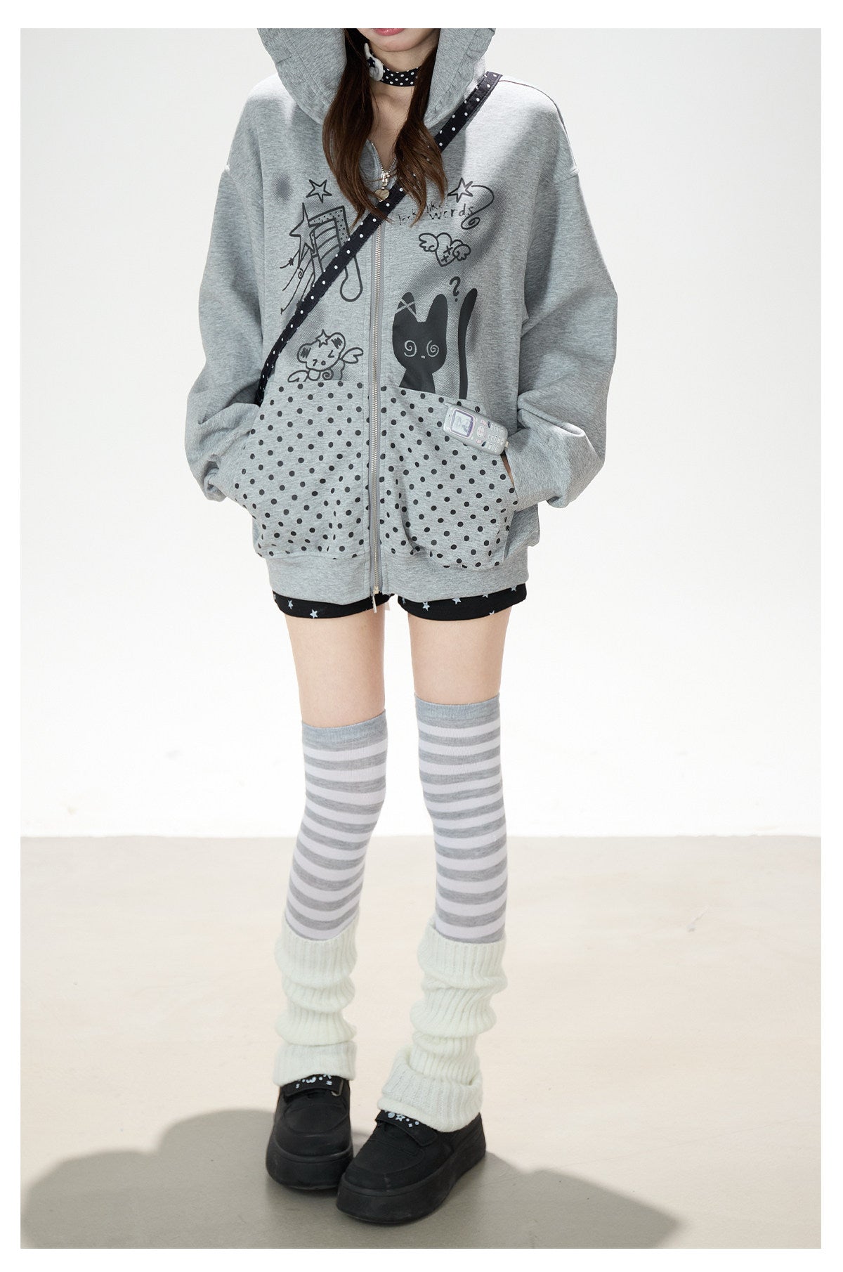 Cartoon Polka-Dot Zip-Up Hoodie & Star Print Shorts