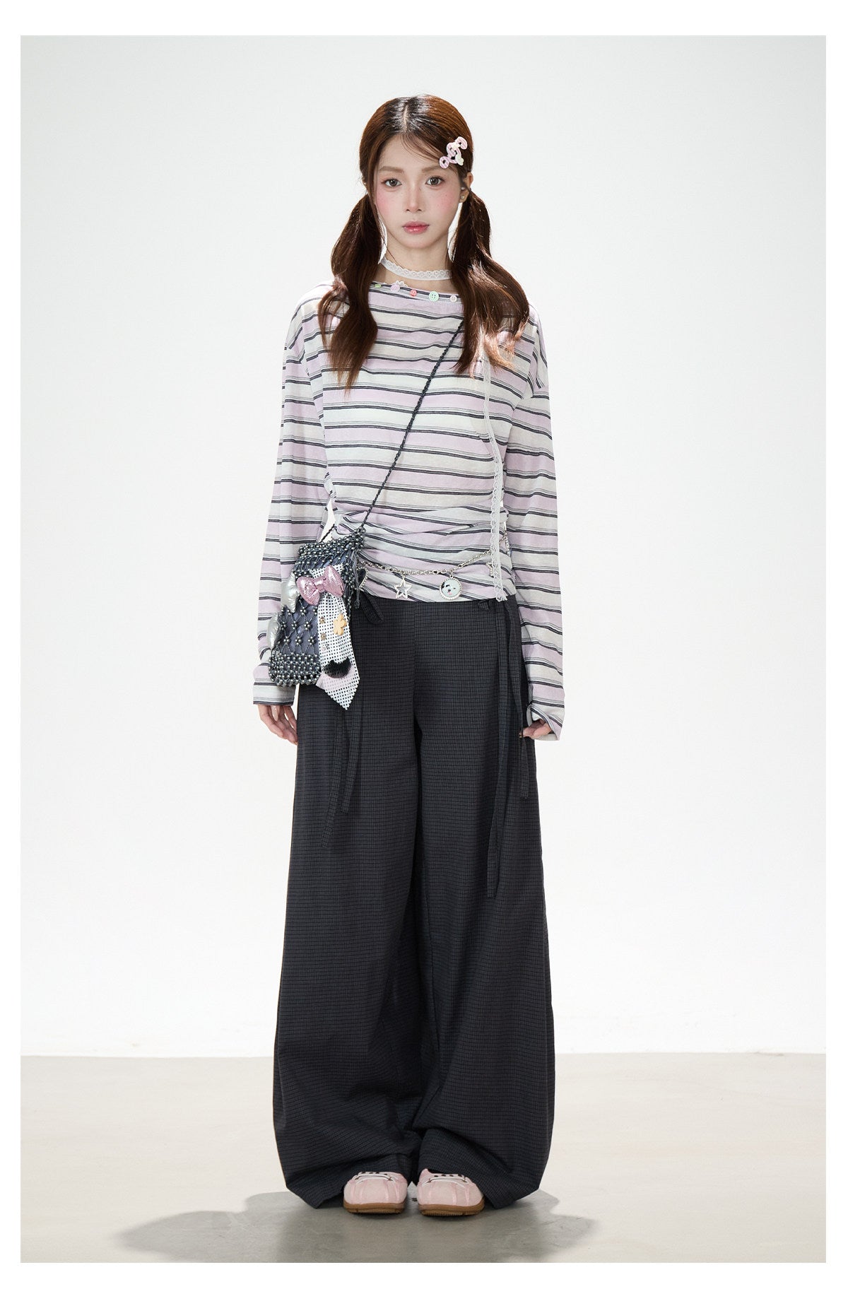 Striped Off-Shoulder Long Sleeve Top & Polka-Dot Midi Skirt