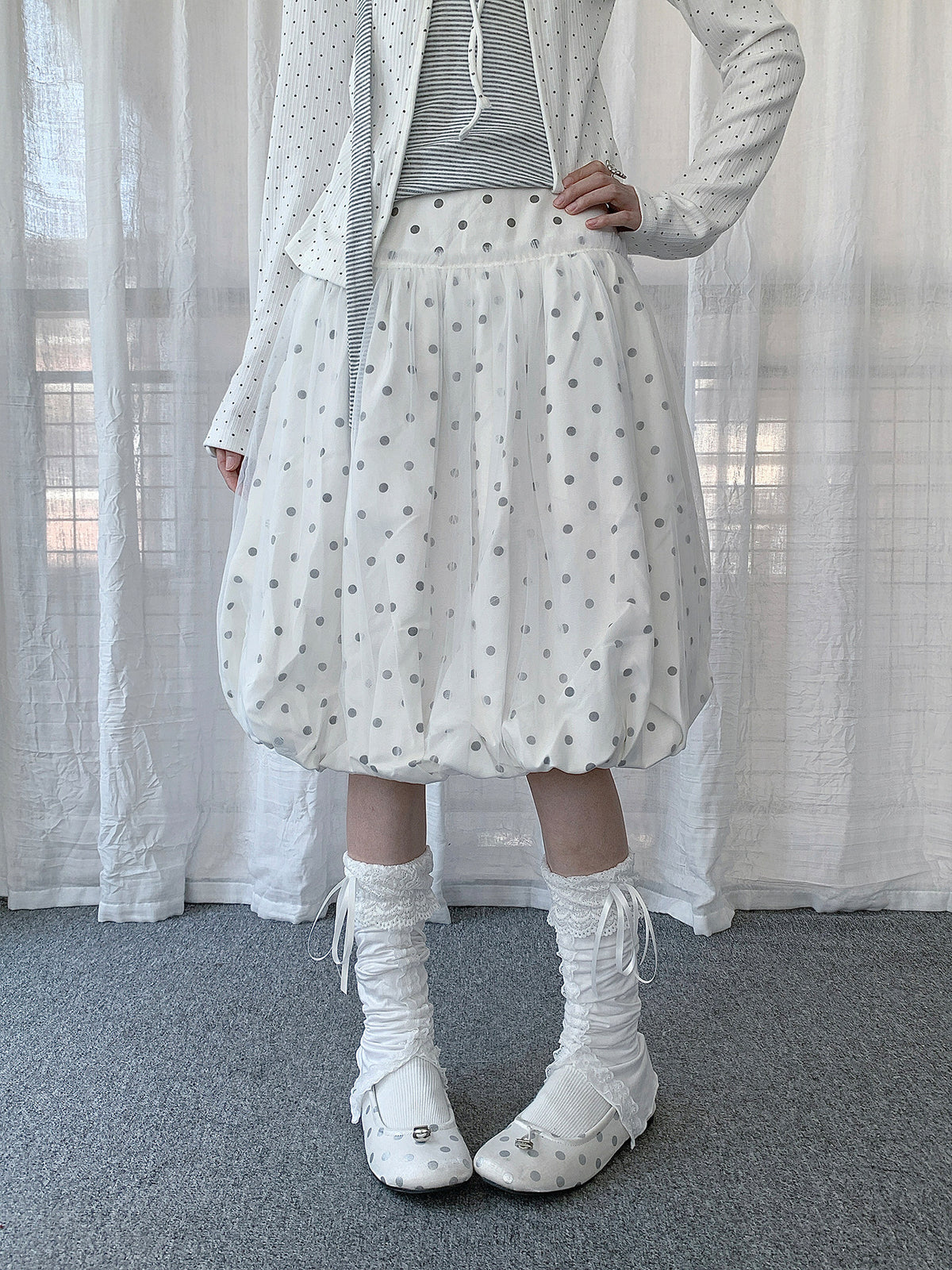 Polka Dot Balloon Midi Skirt & Layered Tie-Front Top