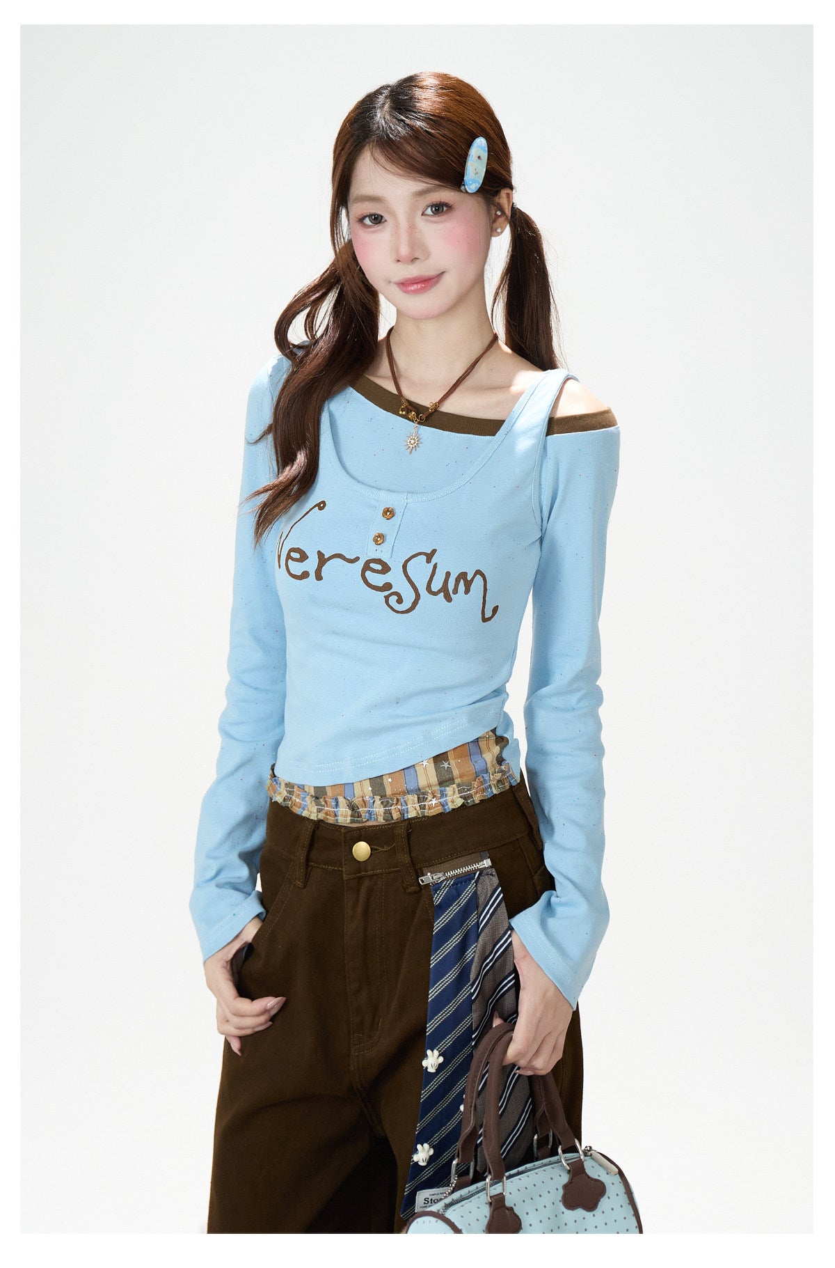 Letter Print Layered Long Sleeve Top & Star Patch Wide-Leg Jeans