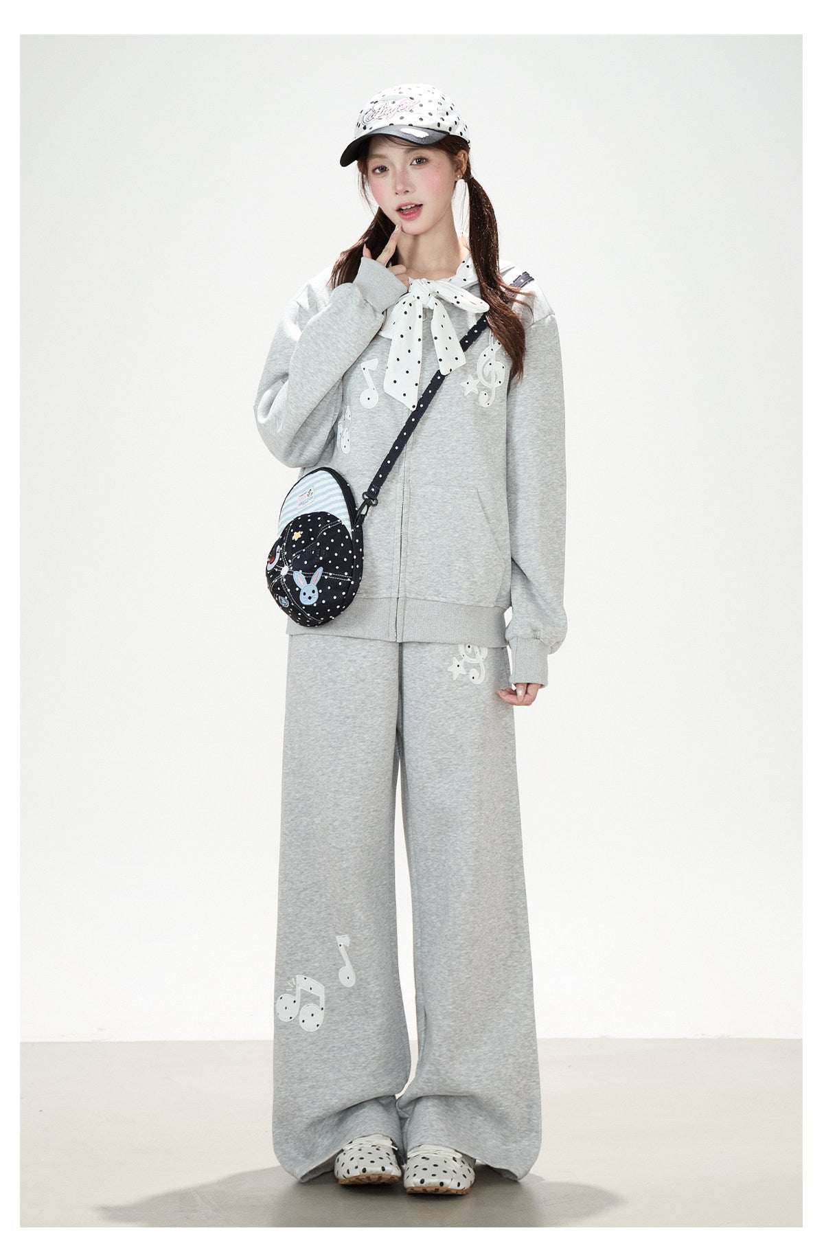 Music Note Polka-Dot Bow Zip-Up Hoodie & Gray Wide-Leg Pants