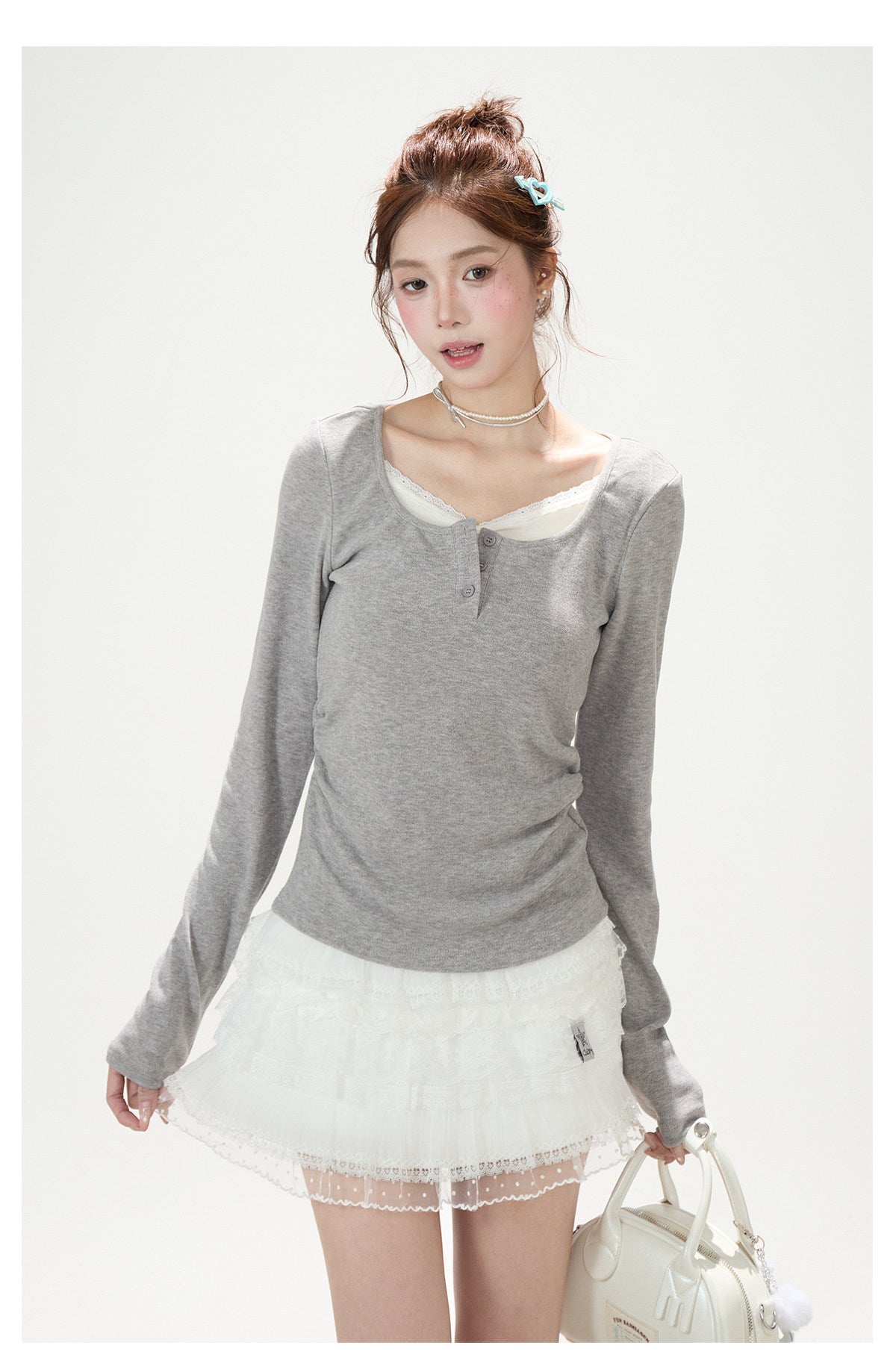 Faux-Layered V-Neck Long Sleeve Top & Ruffle Mini Skirt
