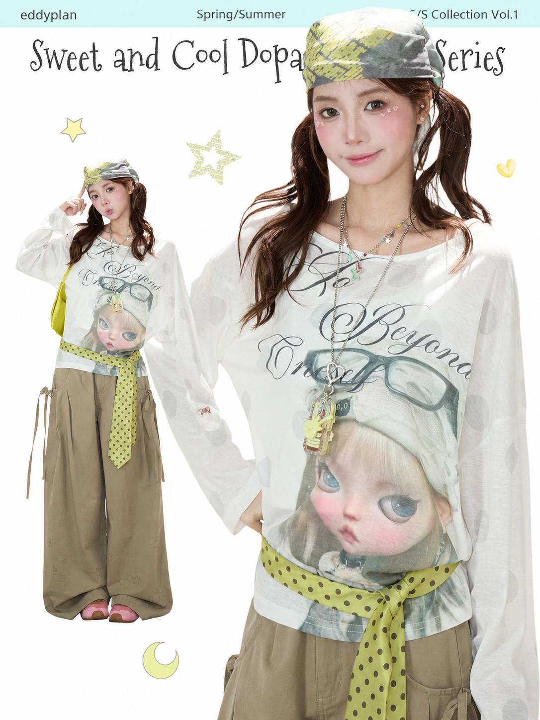 Dreamy Doll Print Oversized Long Sleeve Top