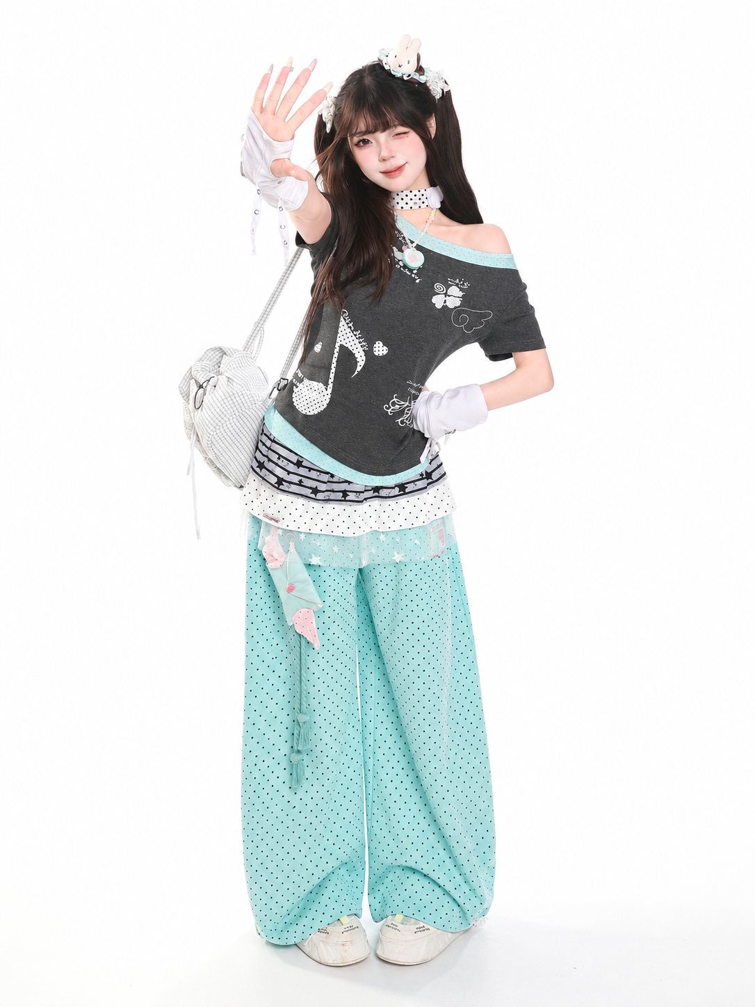 Music Note Faux-Layered Off-Shoulder Fitted Tee