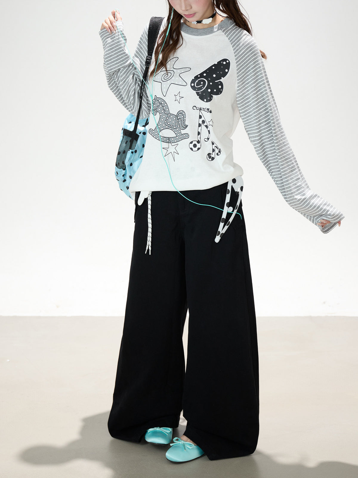 Playful Graphic Raglan Long Sleeve Top & Polka Dot Waist Wide-Leg Pants