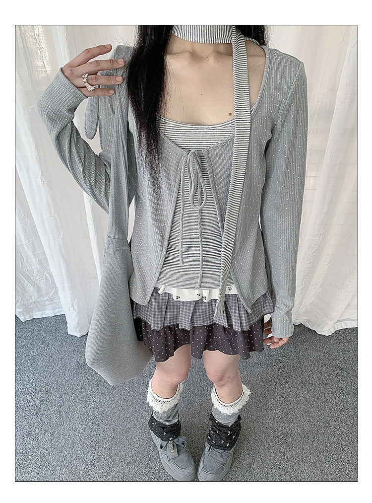 Polka Dot Tie Cardigan & Striped Cami Set