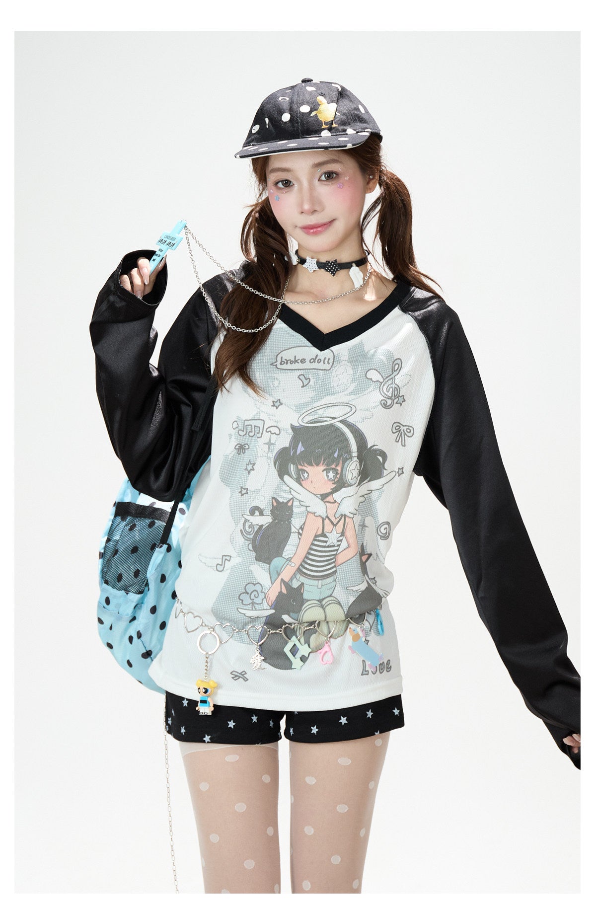 Cartoon Angel Raglan Long Sleeve Top & Black Star Drawstring Shorts