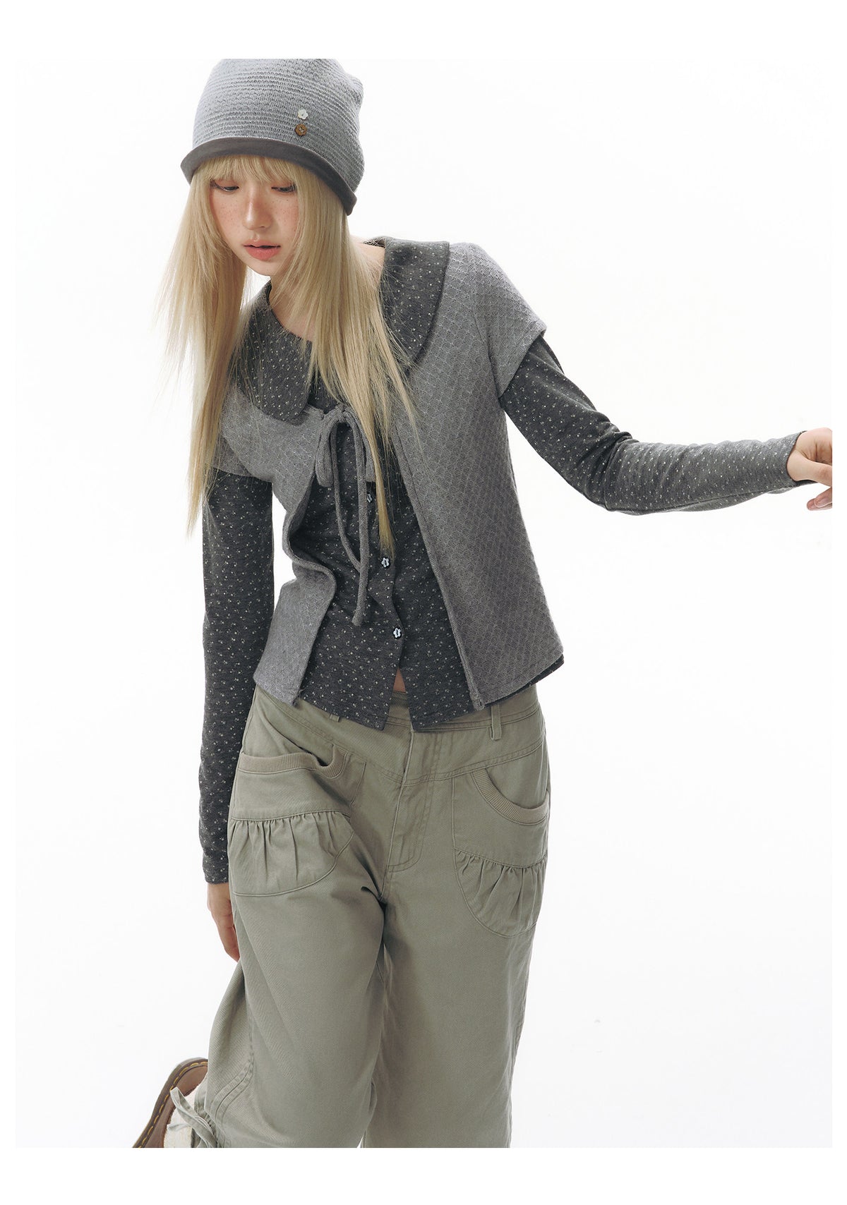 Doll-Collar Long Sleeve & Tie-Front Cardigan Set