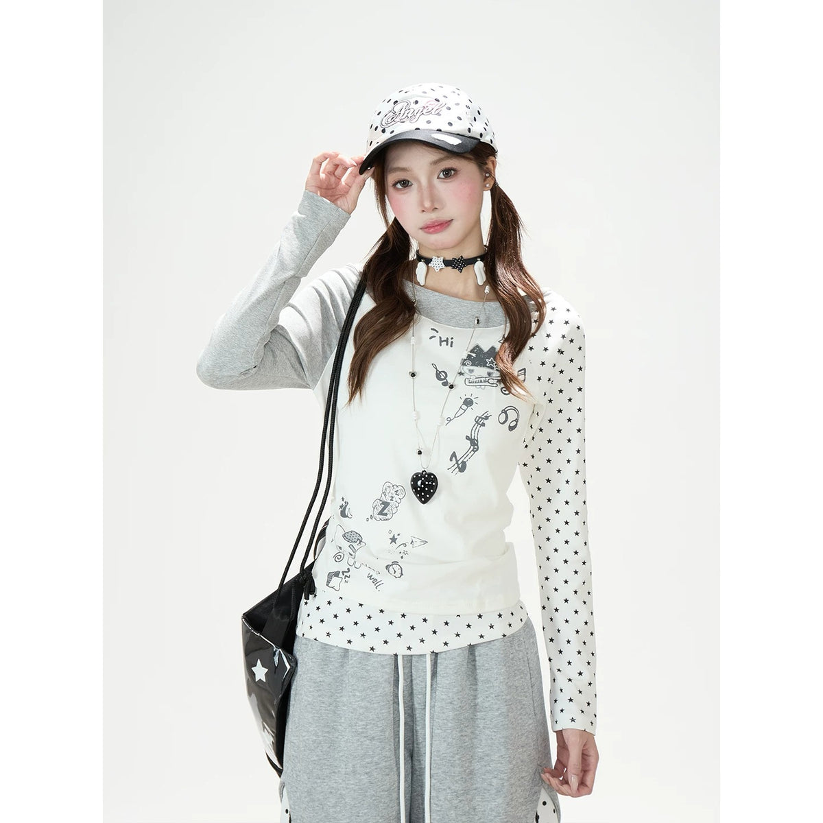 Cartoon Star Off-Shoulder Long Sleeve Top & Star Patch Wide-Leg Pants