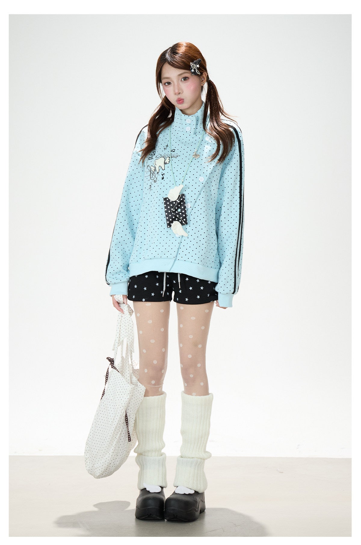 Polka-Dot Stripe Asymmetric Button Jacket & Star Print Shorts