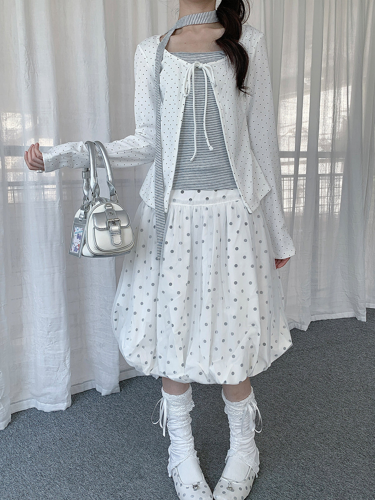 Polka Dot Balloon Midi Skirt & Layered Tie-Front Top