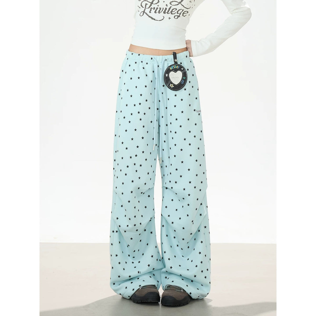 Contrast Halter Layered Long Sleeve Top & Allover Star Wide-Leg Sweatpants