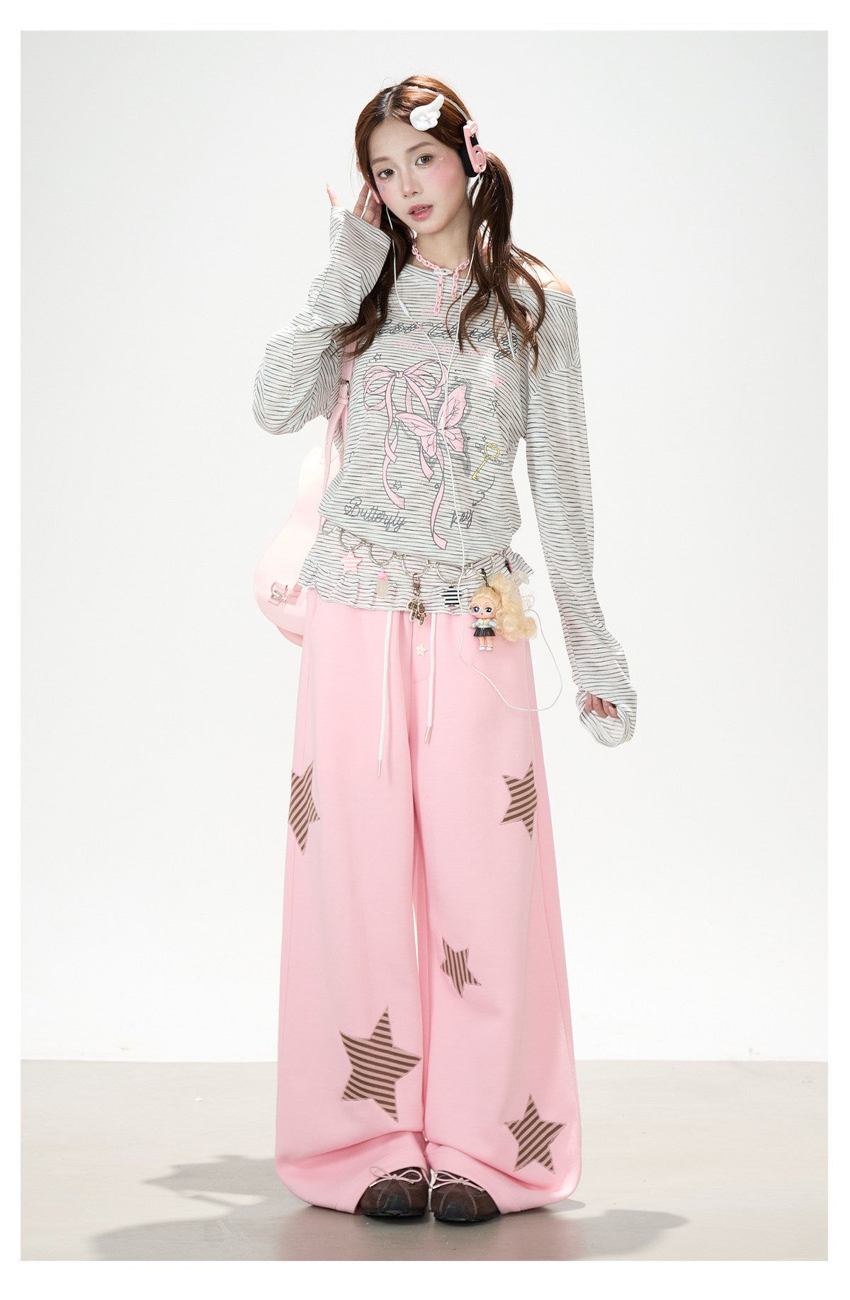 Bow Stripe Off-Shoulder Long Sleeve Top & Pink Wide-Leg Pants