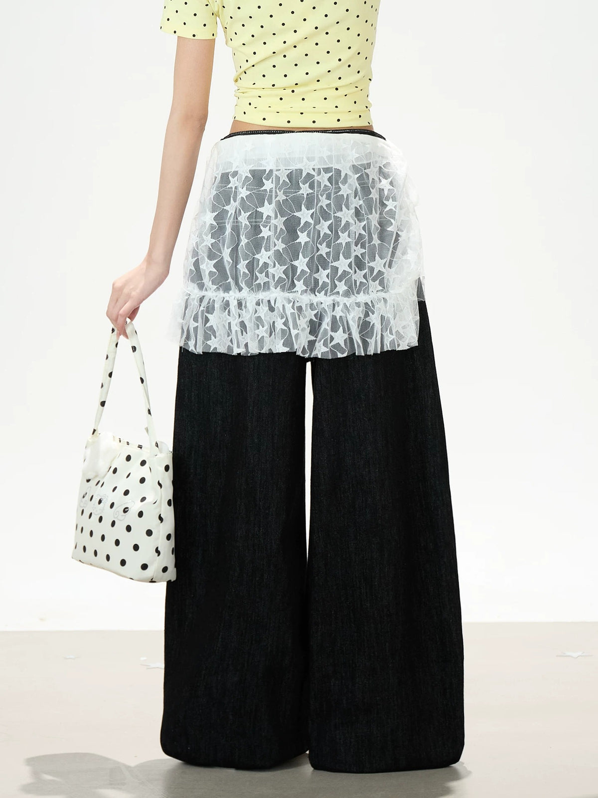 Star Print Lace Layered Wide-Leg Jeans