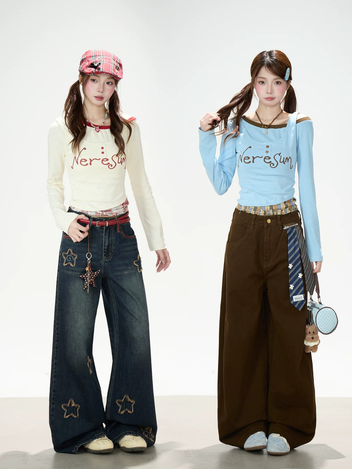 Letter Print Layered Long Sleeve Top & Star Patch Wide-Leg Jeans