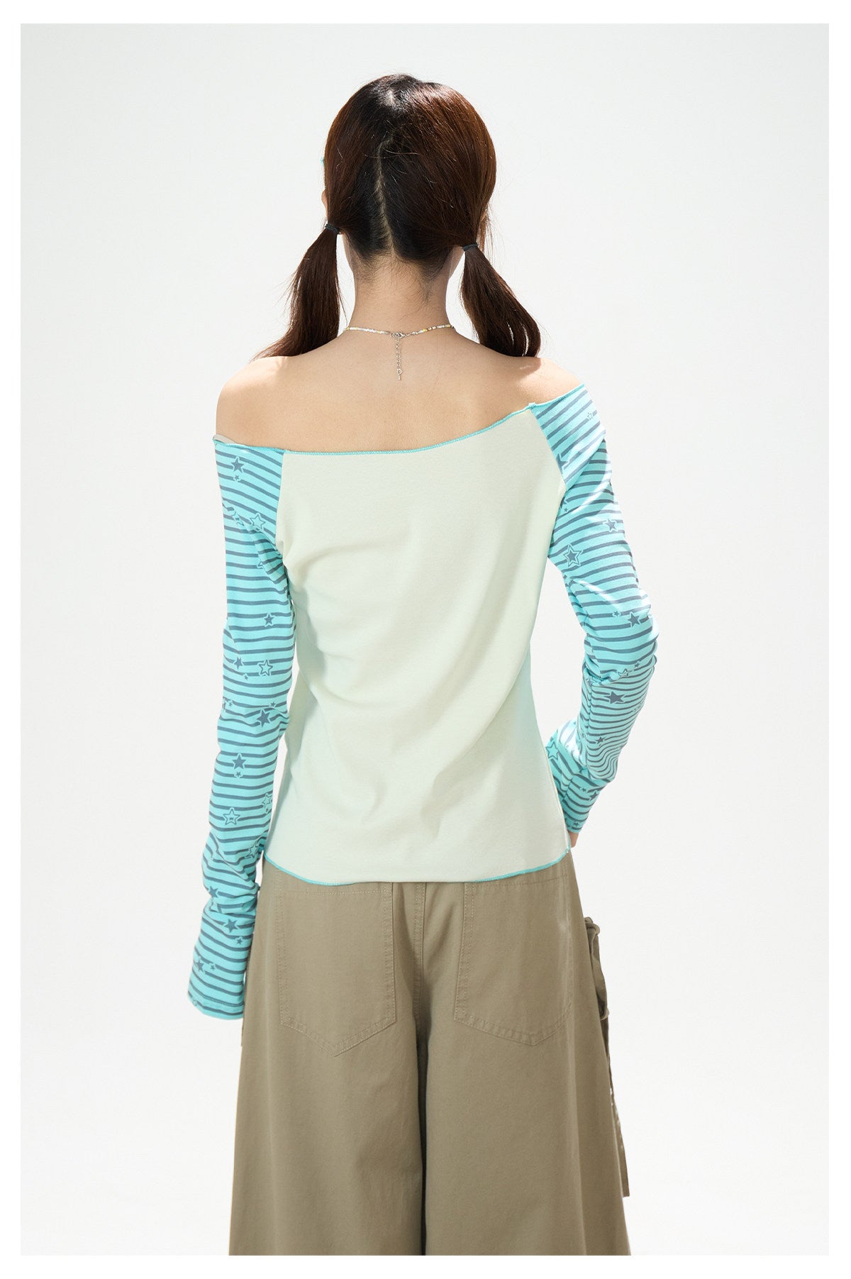 Star Stripe Off-Shoulder Long Sleeve Top & Graphic Star Wide-Leg Pants