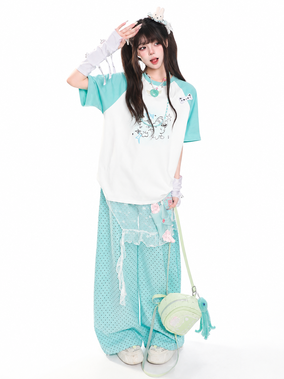 Kitty Sketch Colorblock Raglan Oversized Tee