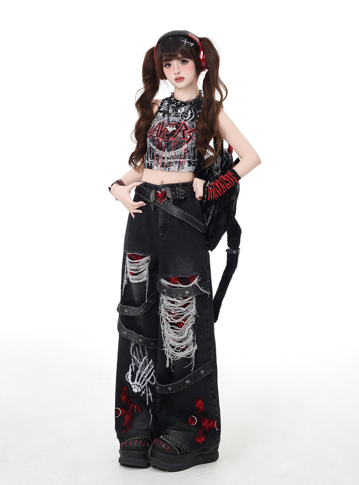 Skeleton Hand Distressed Strap Wide-Leg Jeans