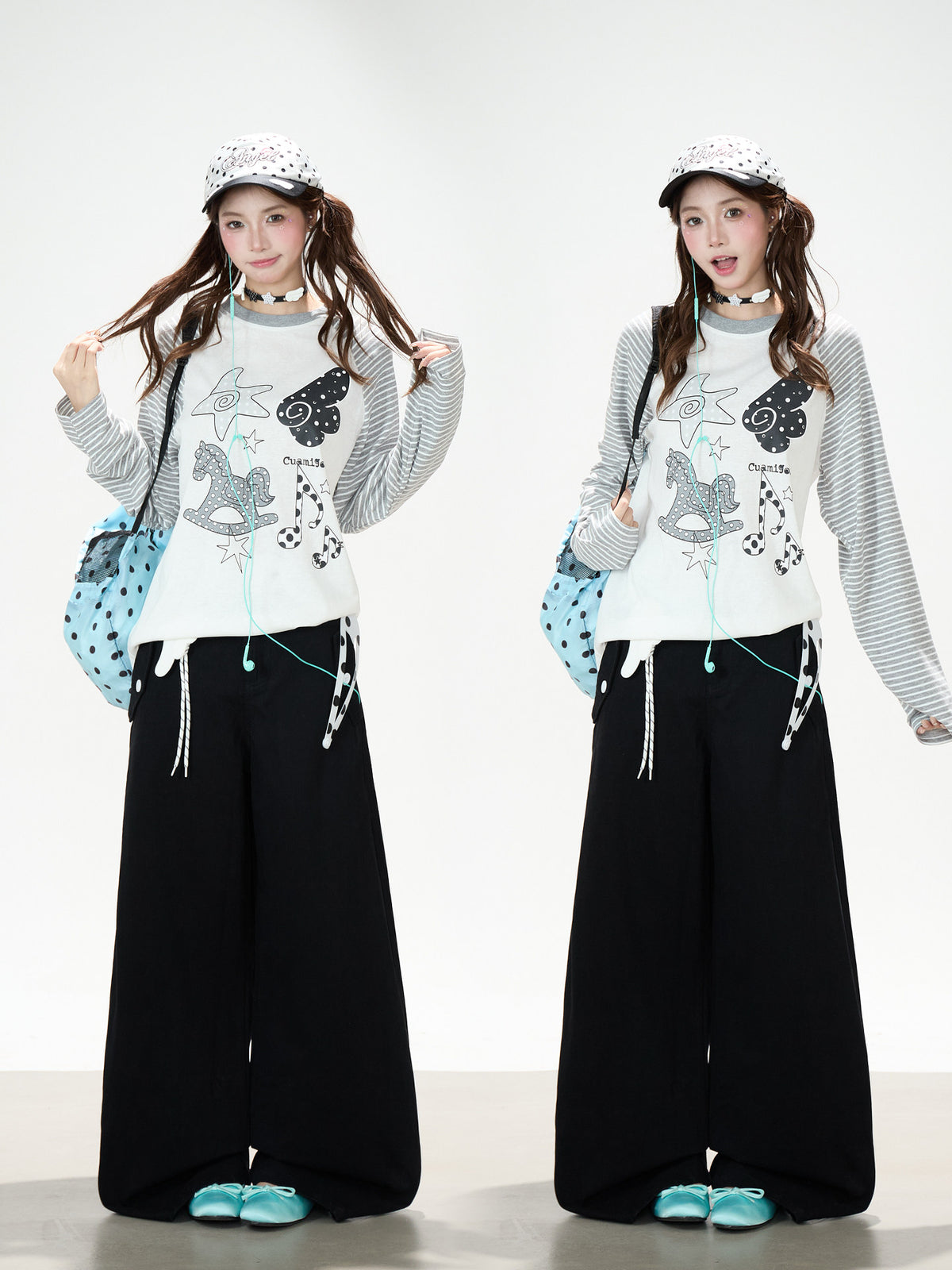 Playful Graphic Raglan Long Sleeve Top & Polka Dot Waist Wide-Leg Pants