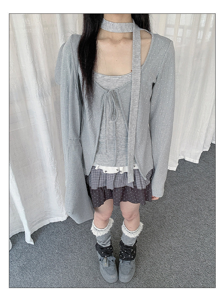 Polka Dot Tie Cardigan & Striped Cami Set