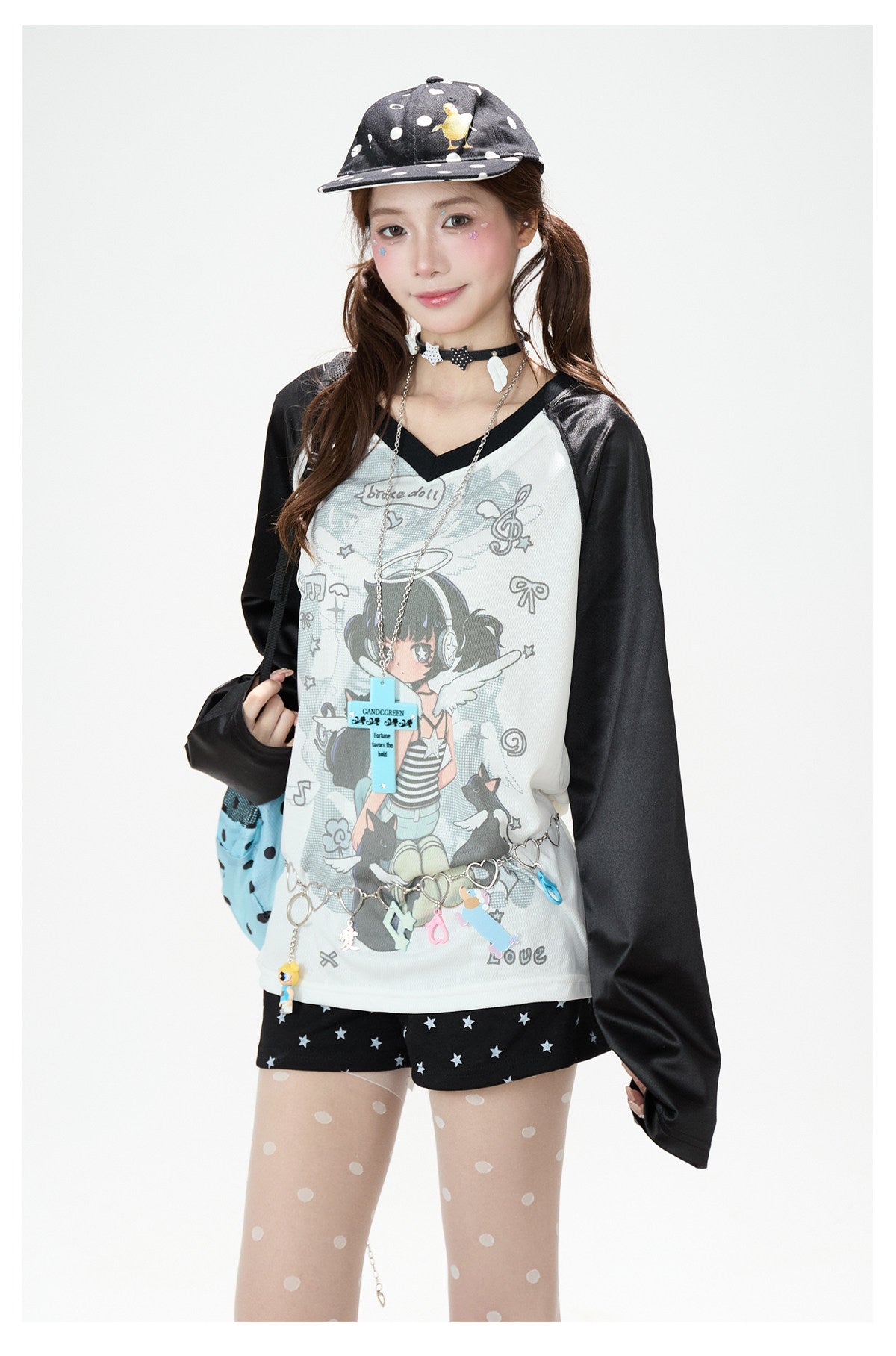 Cartoon Angel Raglan Long Sleeve Top & Black Star Drawstring Shorts
