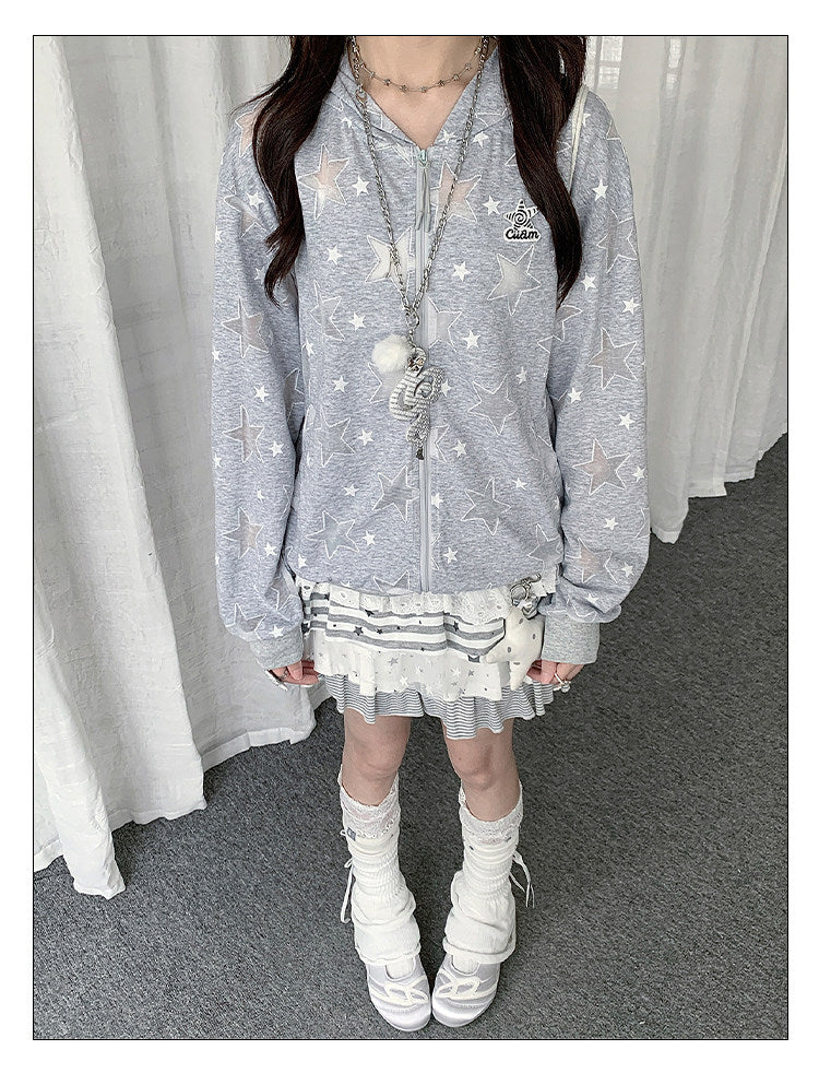 Gray Star Print Lightweight Zip-Up Hoodie