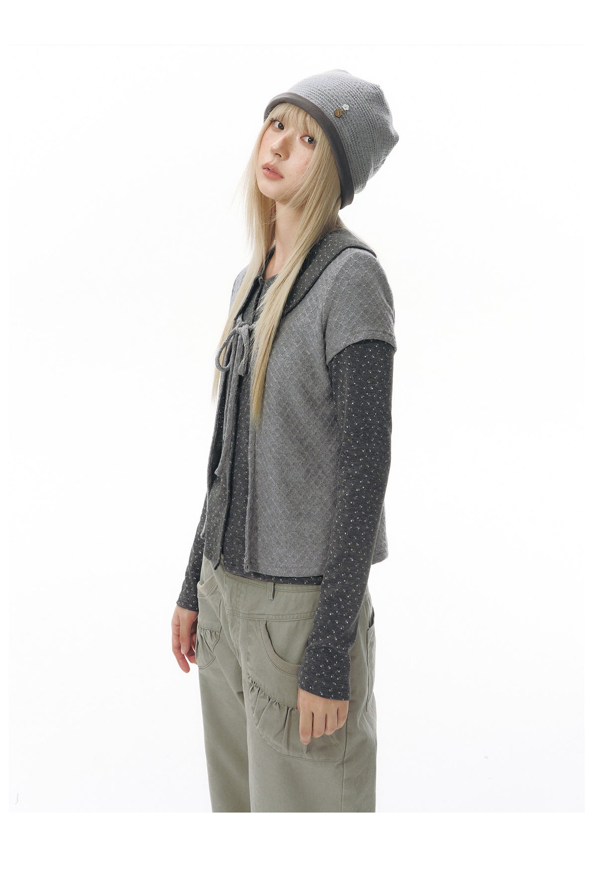 Doll-Collar Long Sleeve & Tie-Front Cardigan Set