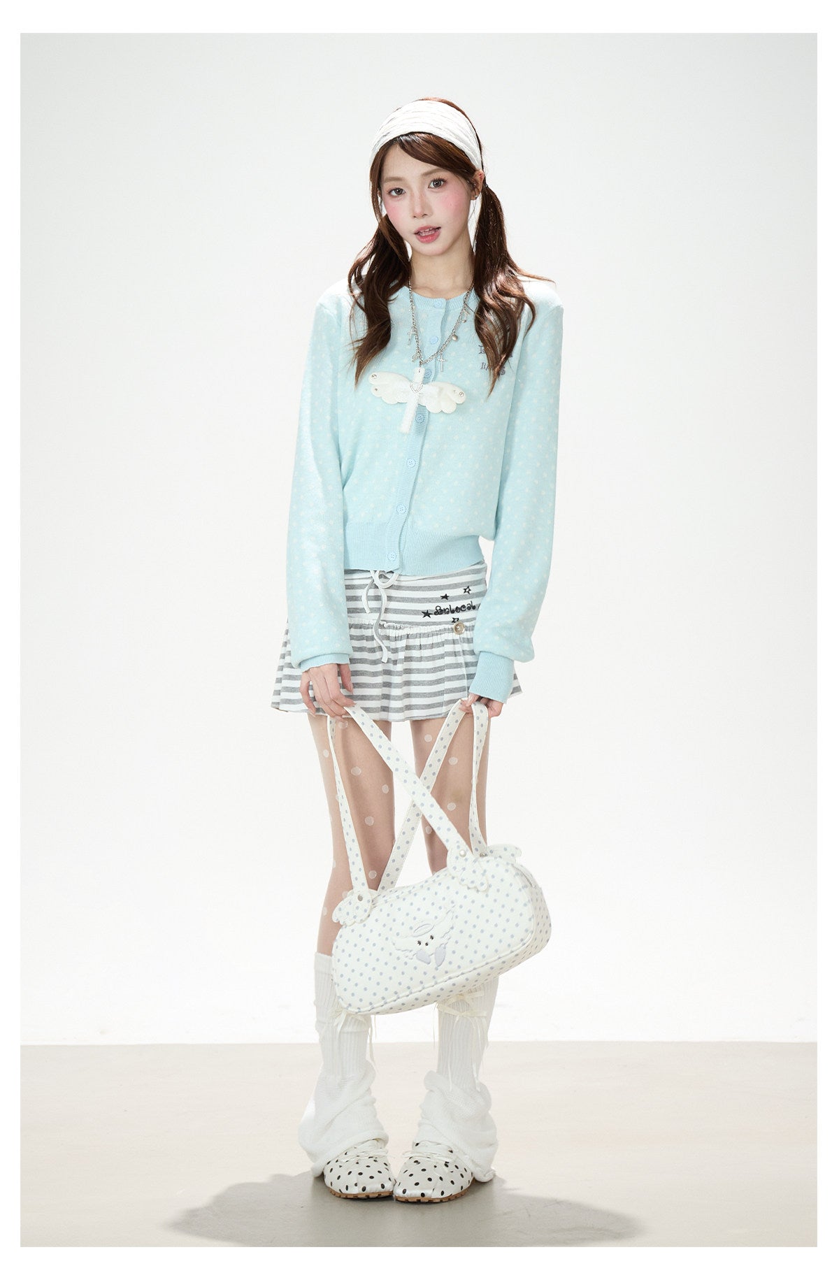 Polka-Dot Soft Knit Cardigan & Gray Mini Skirt