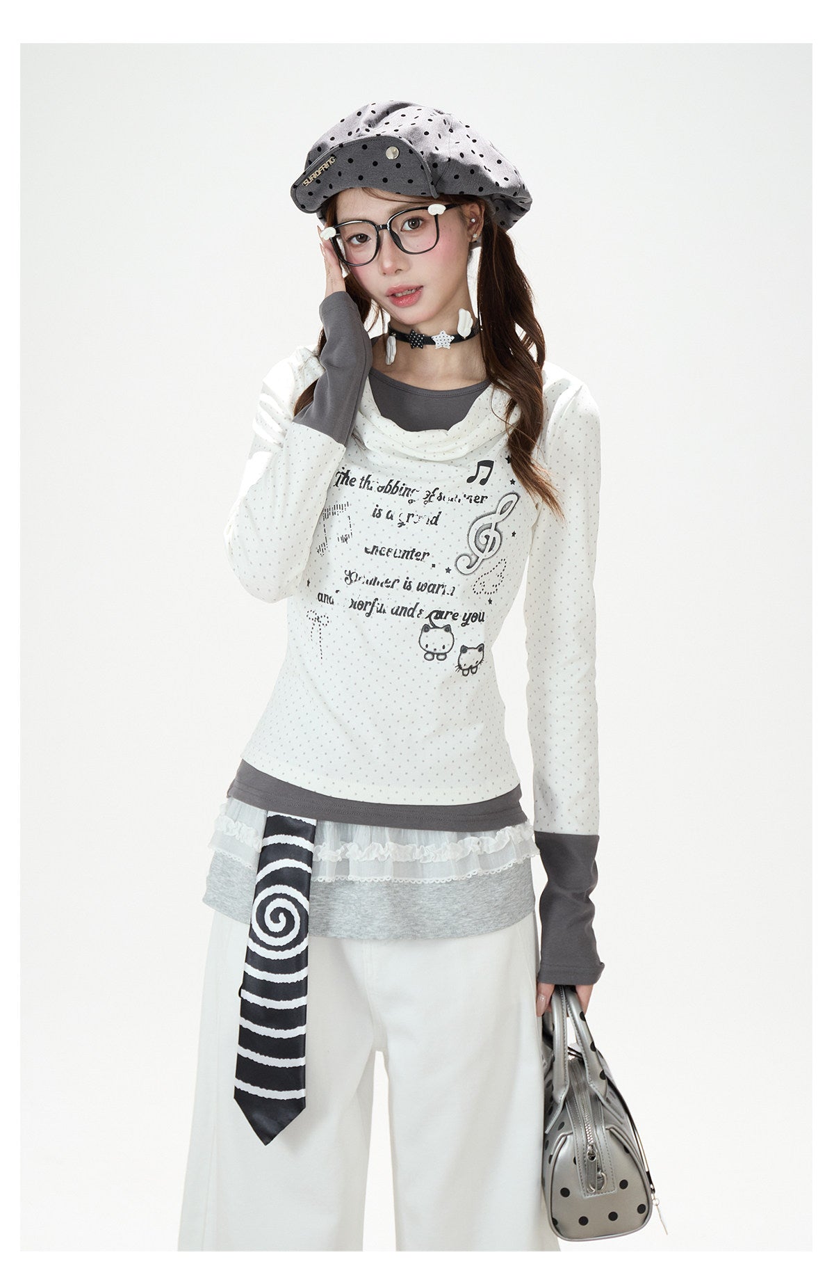 Music Note Cat Polka-Dot Layered Long Sleeve Top & White Wide-Leg Pants