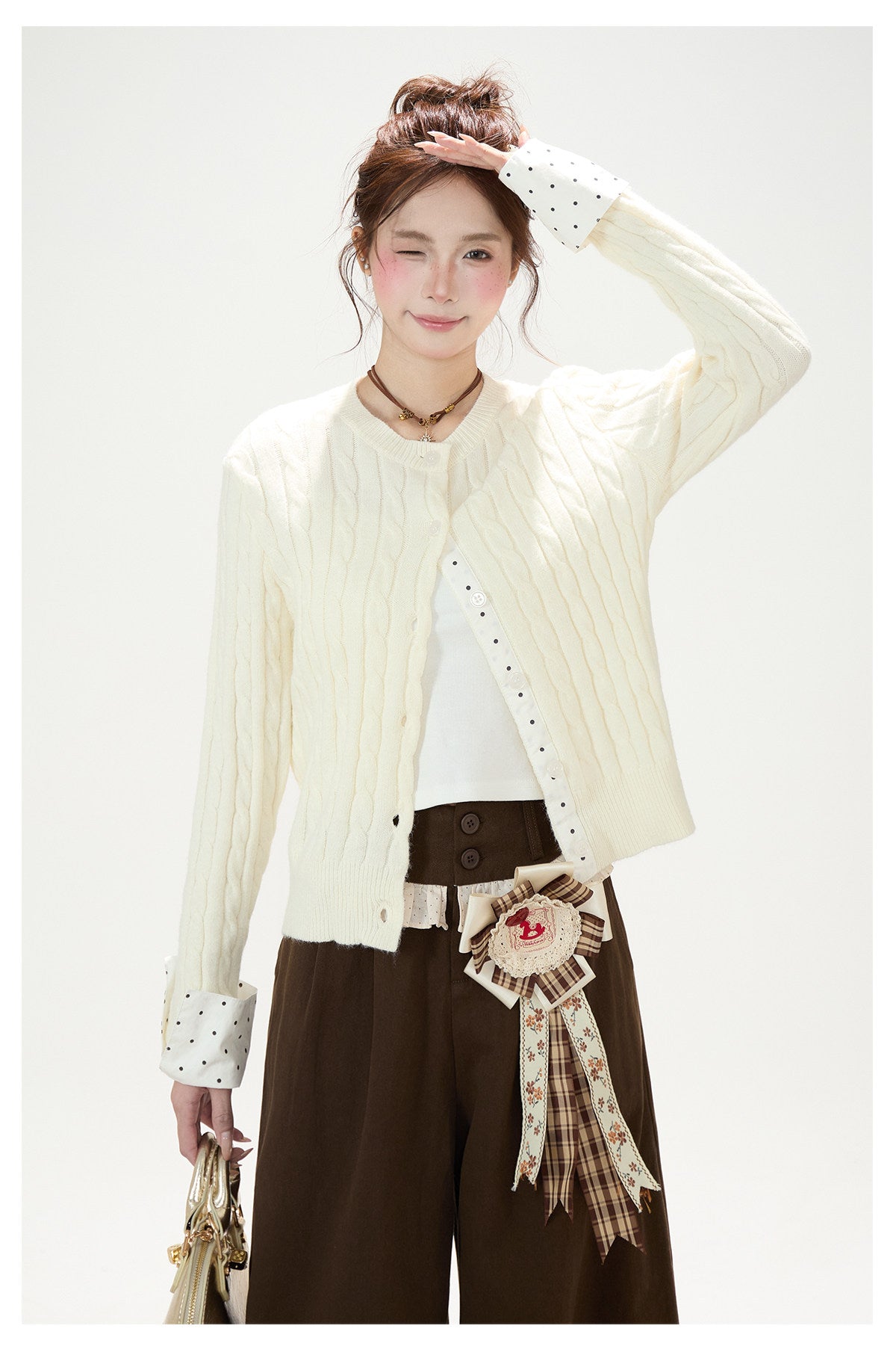 Cable-Knit Polka-Dot Faux-Layered Cardigan