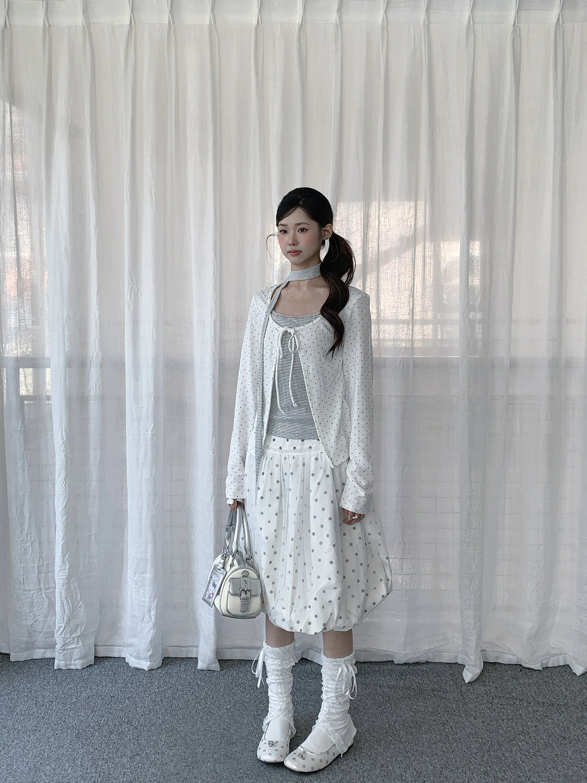 Polka Dot Balloon Midi Skirt & Layered Tie-Front Top