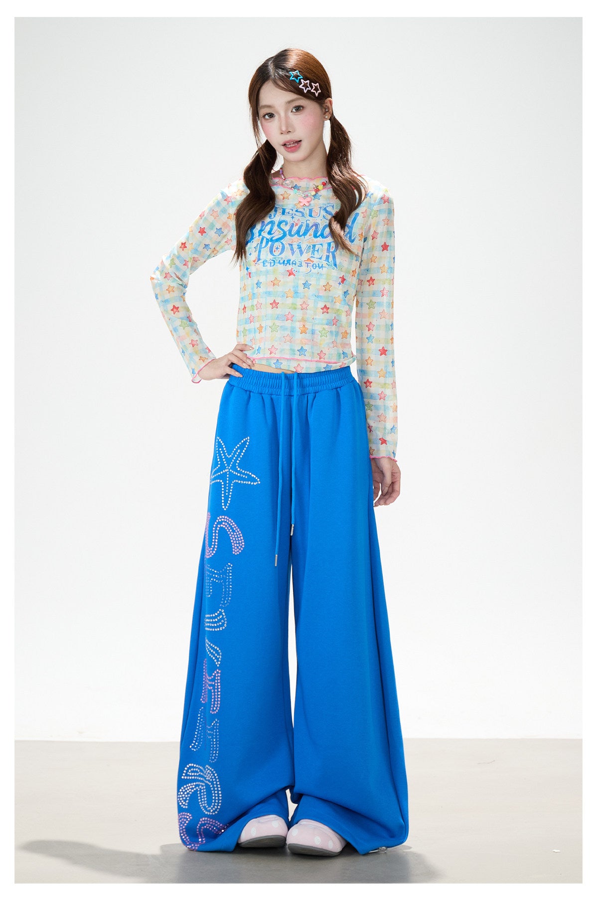 Pantalon de survêtement à jambes larges avec strass motif étoile de mer