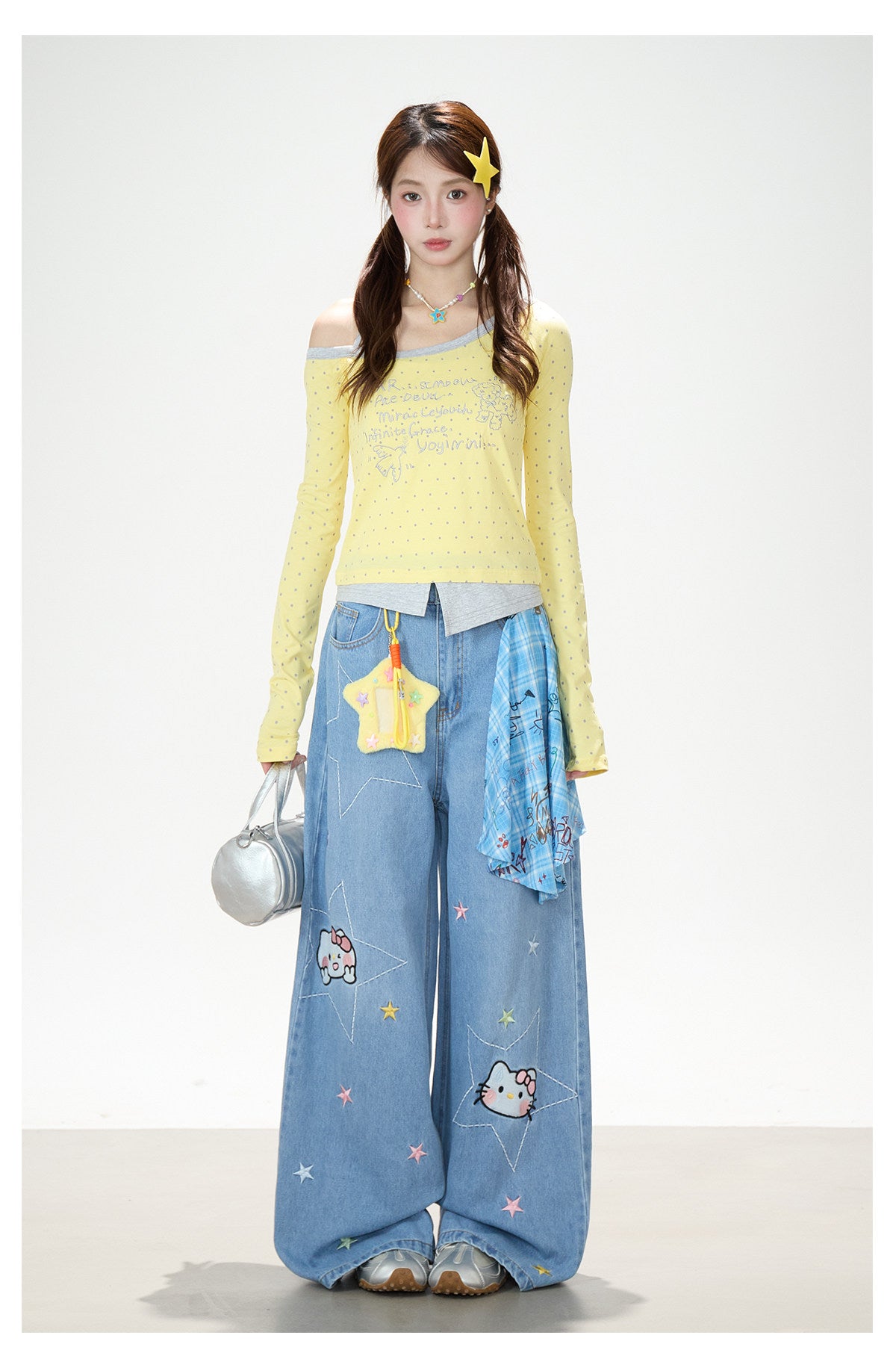 Letter Polka-Dot Off-Shoulder Layered Long Sleeve Top & Cartoon Star Wide-Leg Jeans with Charm
