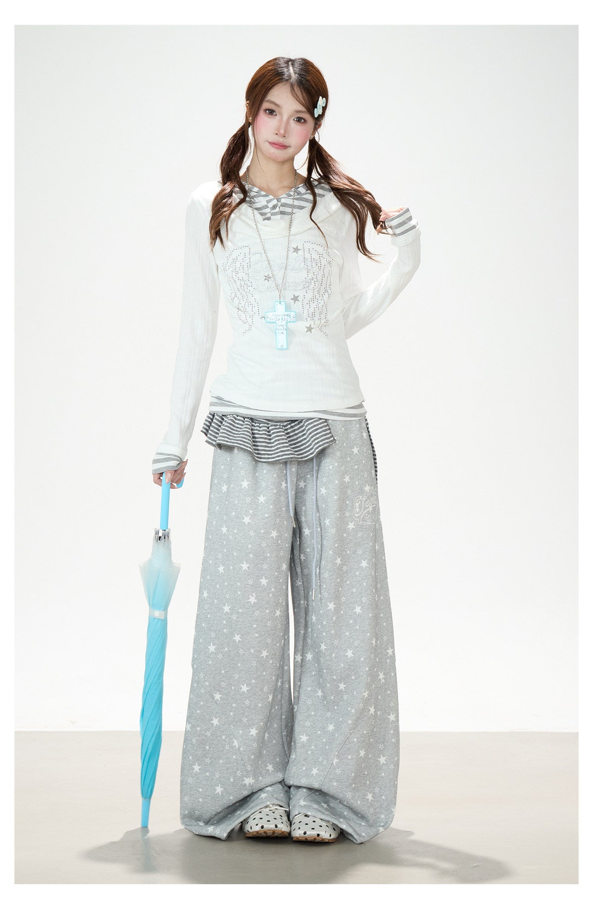 Cowl-Neck Hooded Layered Long Sleeve Top & Gray Wide-Leg Pants