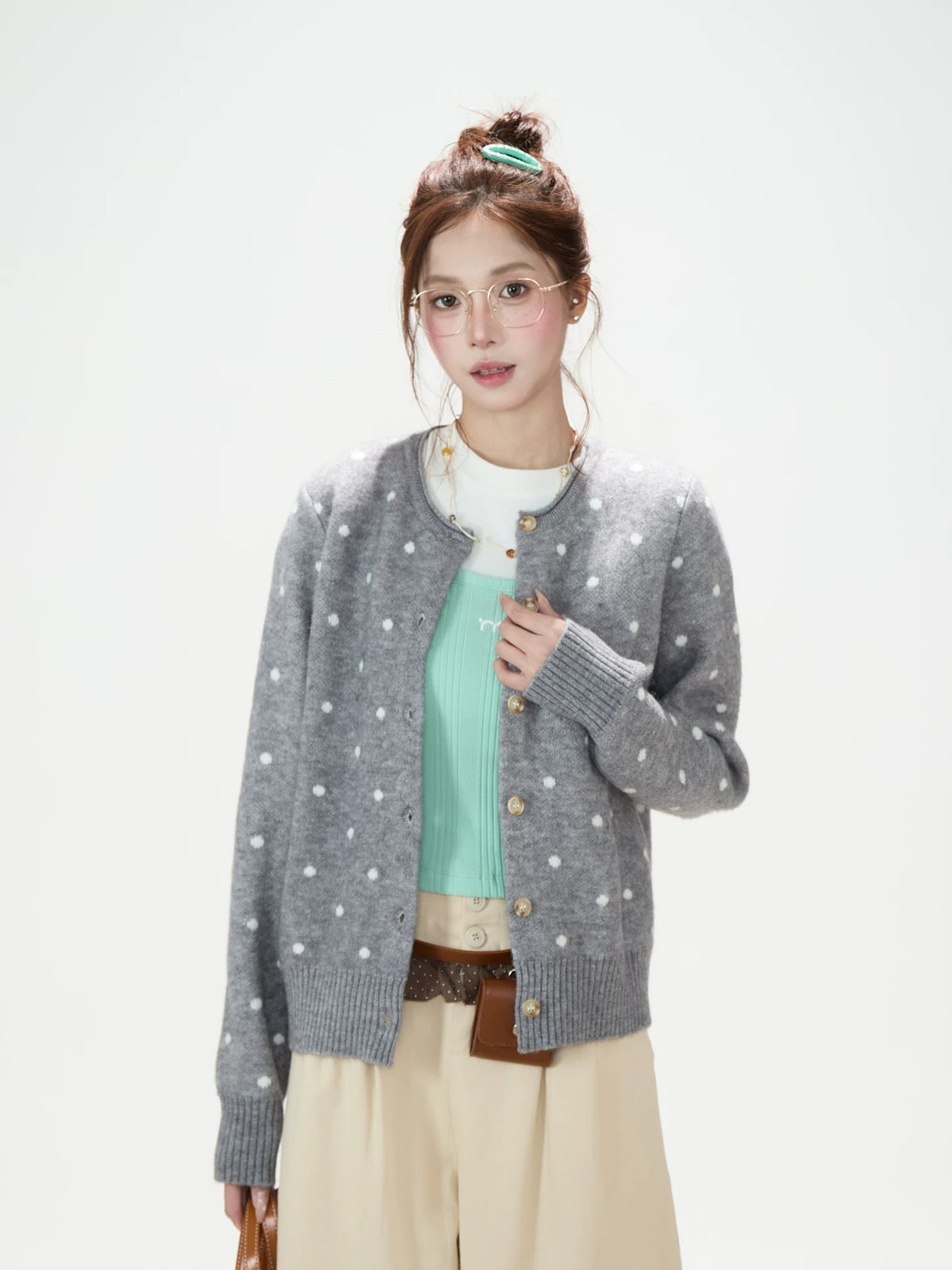 Polka-Dot Jacquard Knit Cardigan & Washed Flare Jeans