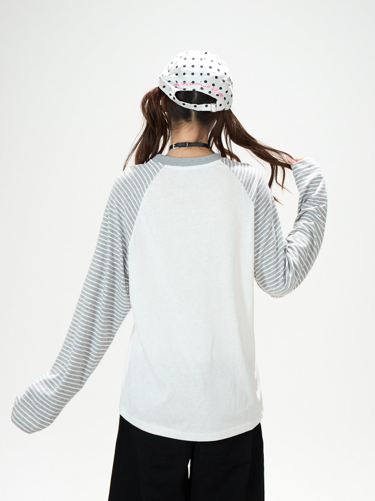 Playful Graphic Raglan Long Sleeve Top & Polka Dot Waist Wide-Leg Pants