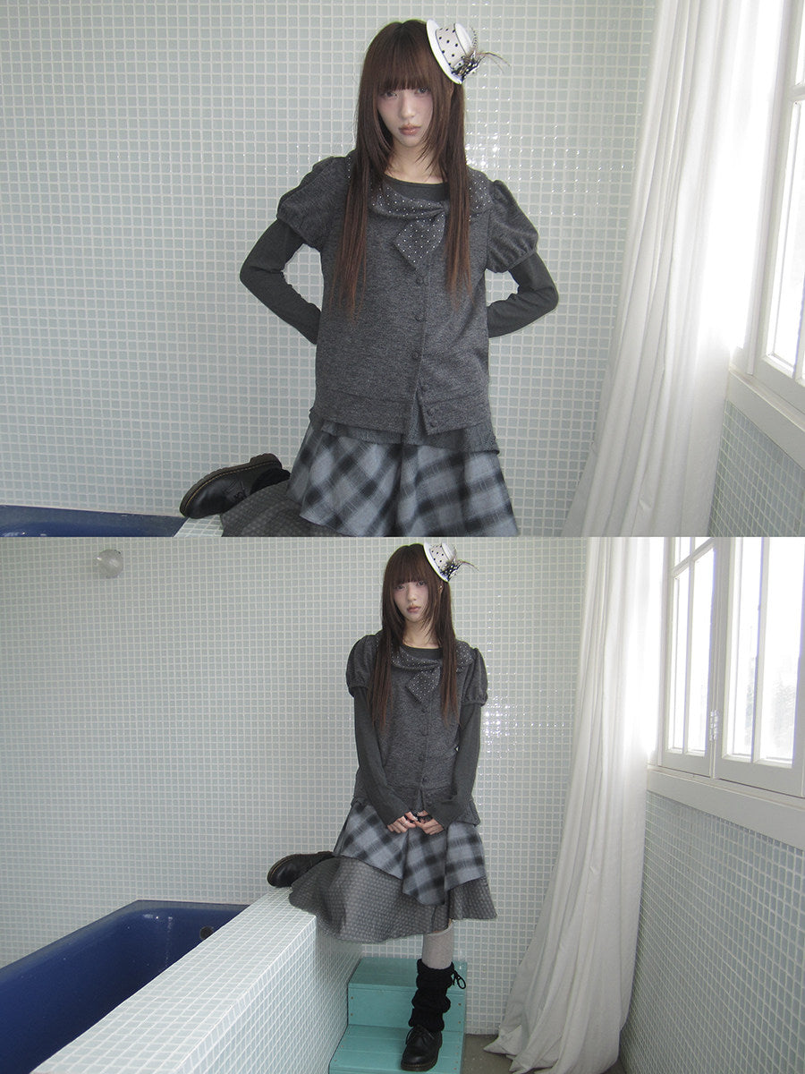 Polka Dot Bow Knit Top & Long Sleeve Two-Piece Set
