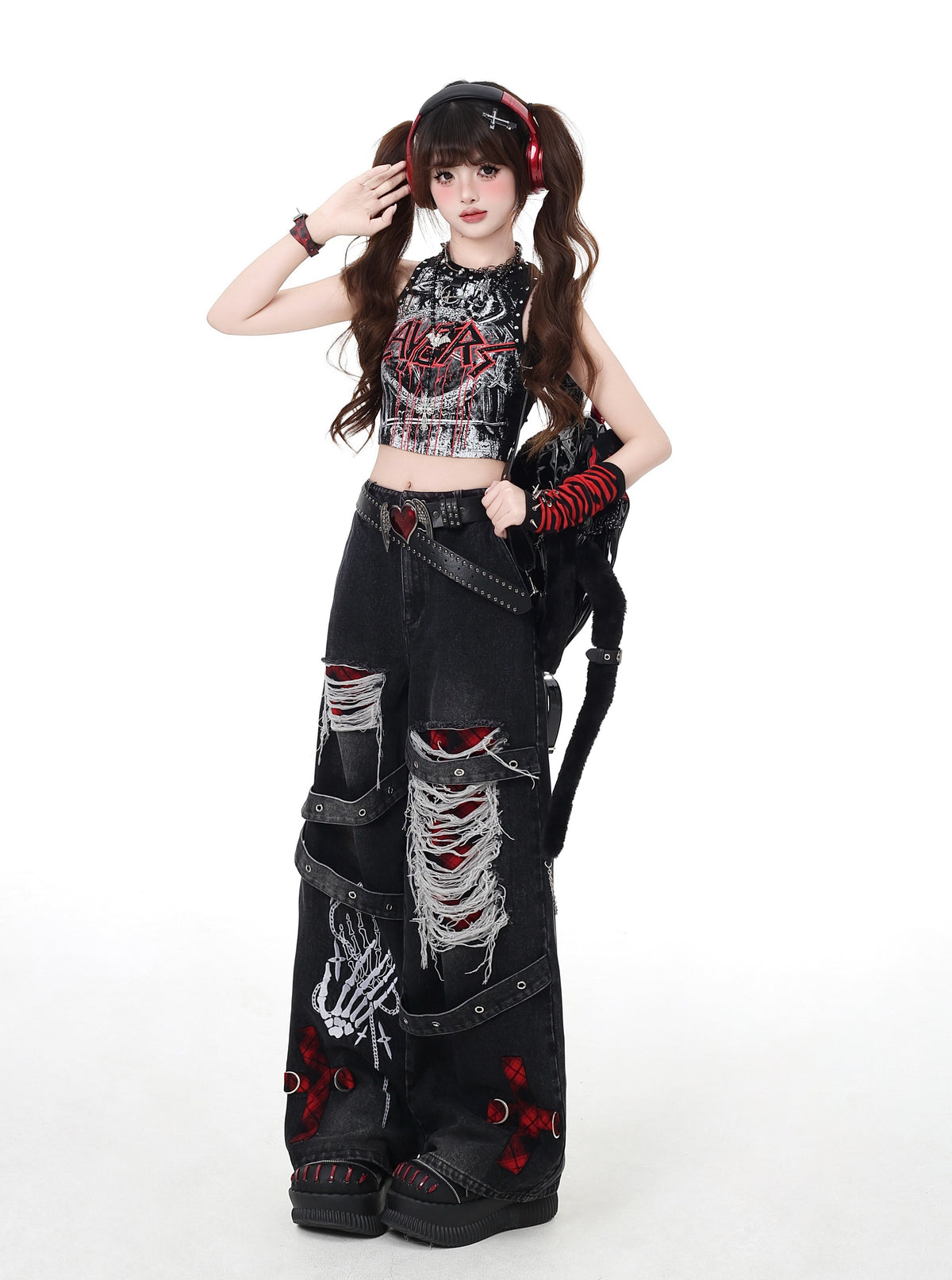 Skeleton Hand Distressed Strap Wide-Leg Jeans