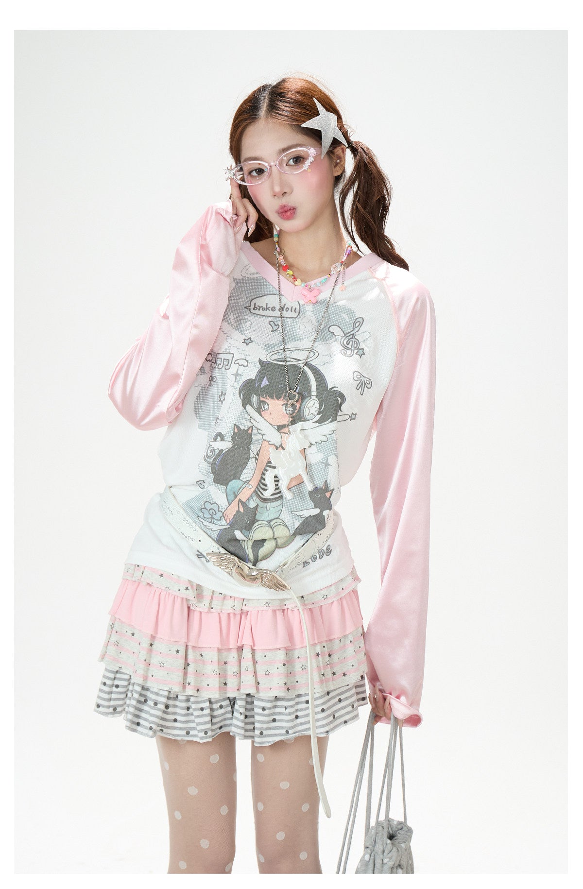 Cartoon Angel Raglan Long Sleeve Top & Black Star Drawstring Shorts
