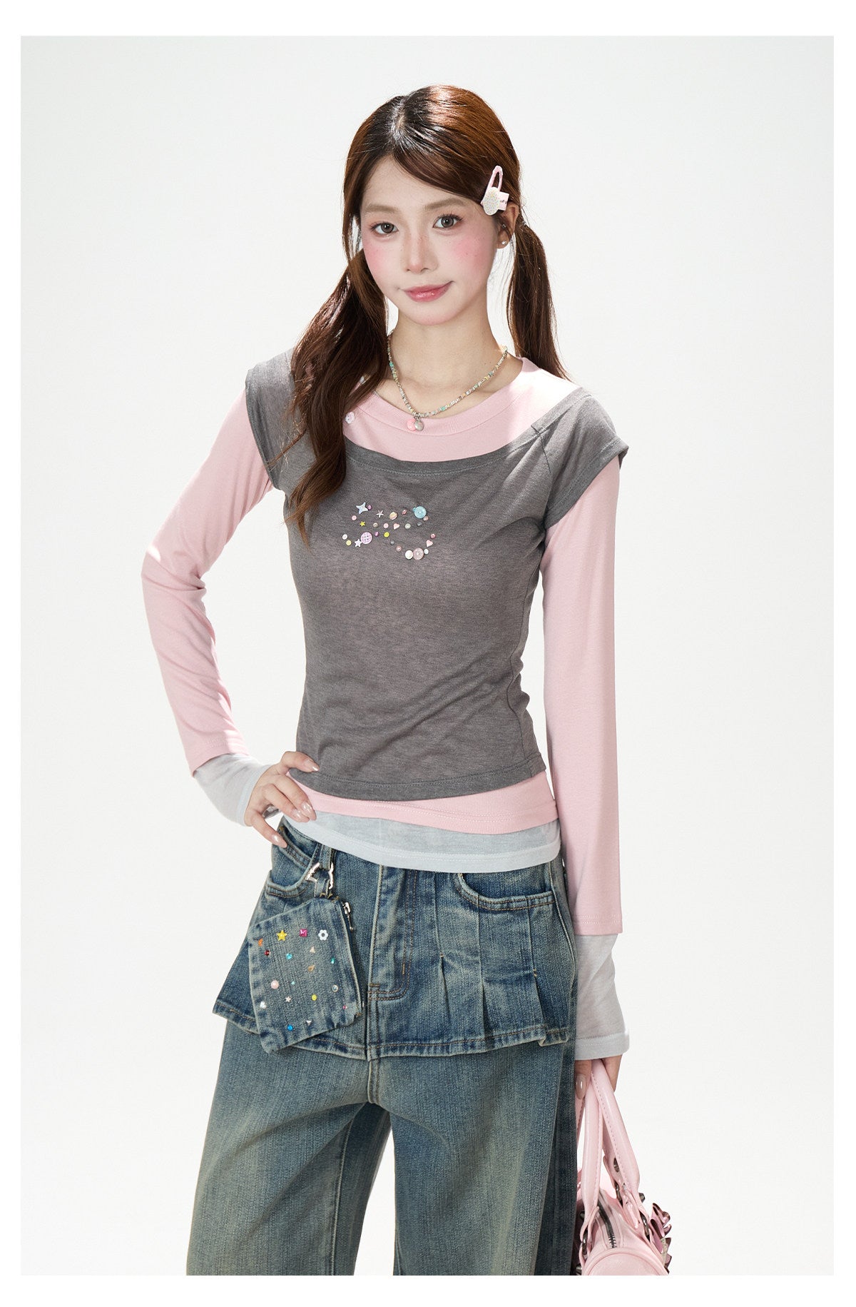 Contrast Faux Three-Layer Long Sleeve Top