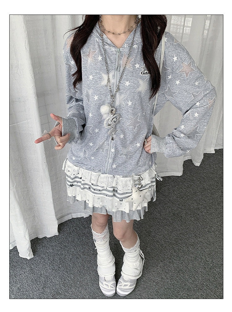 Gray Star Print Lightweight Zip-Up Hoodie