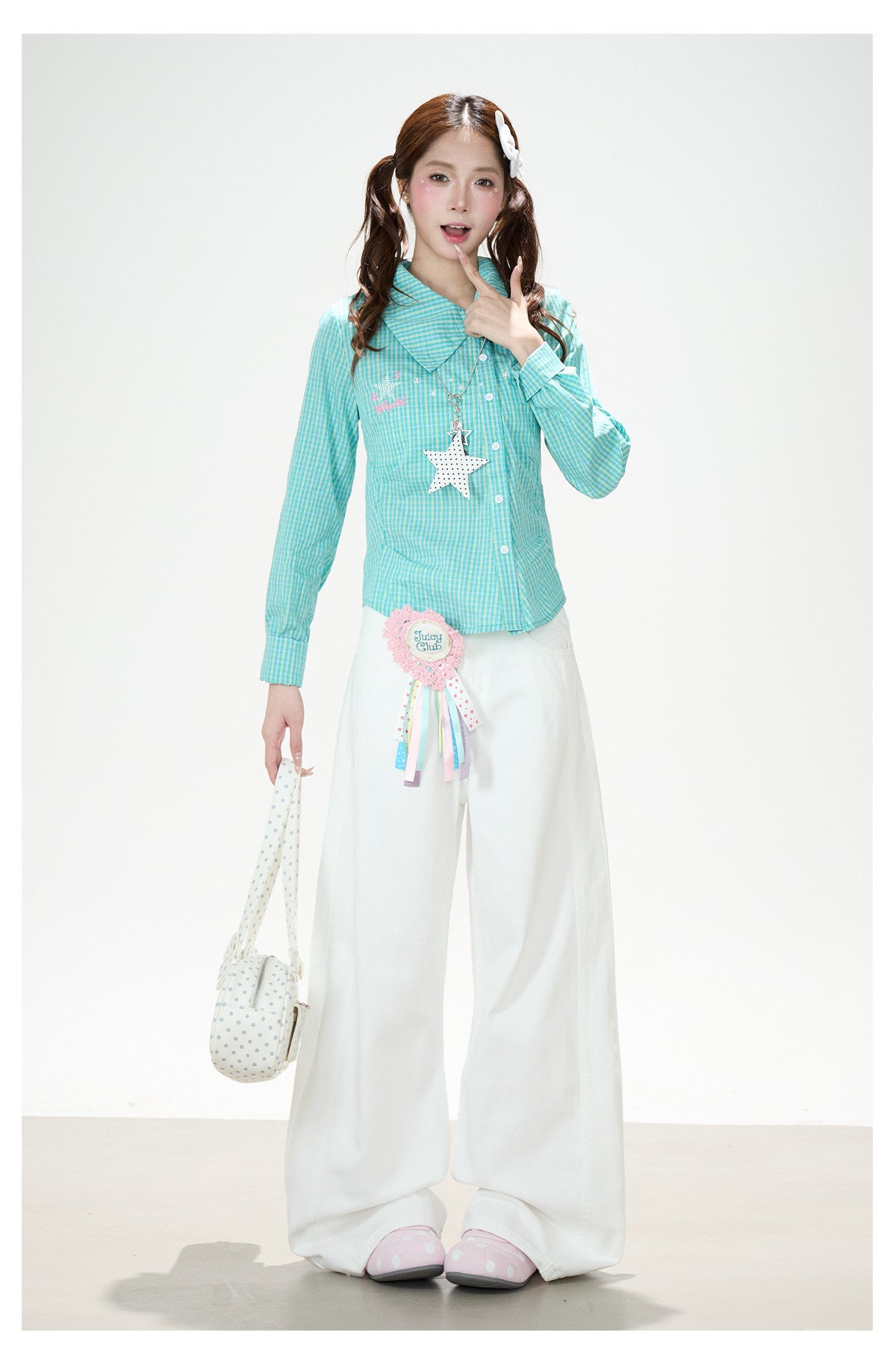 Green Check Fitted Shirt & White Wide-Leg Pants