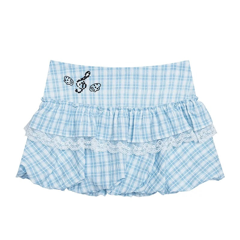 Apple Doodle Layered Long Sleeve Tee & Light Blue Ruffle Mini Skirt