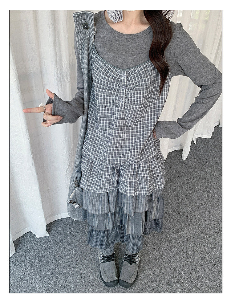 Gray Plaid Cami & Long Sleeve Layered Top Set