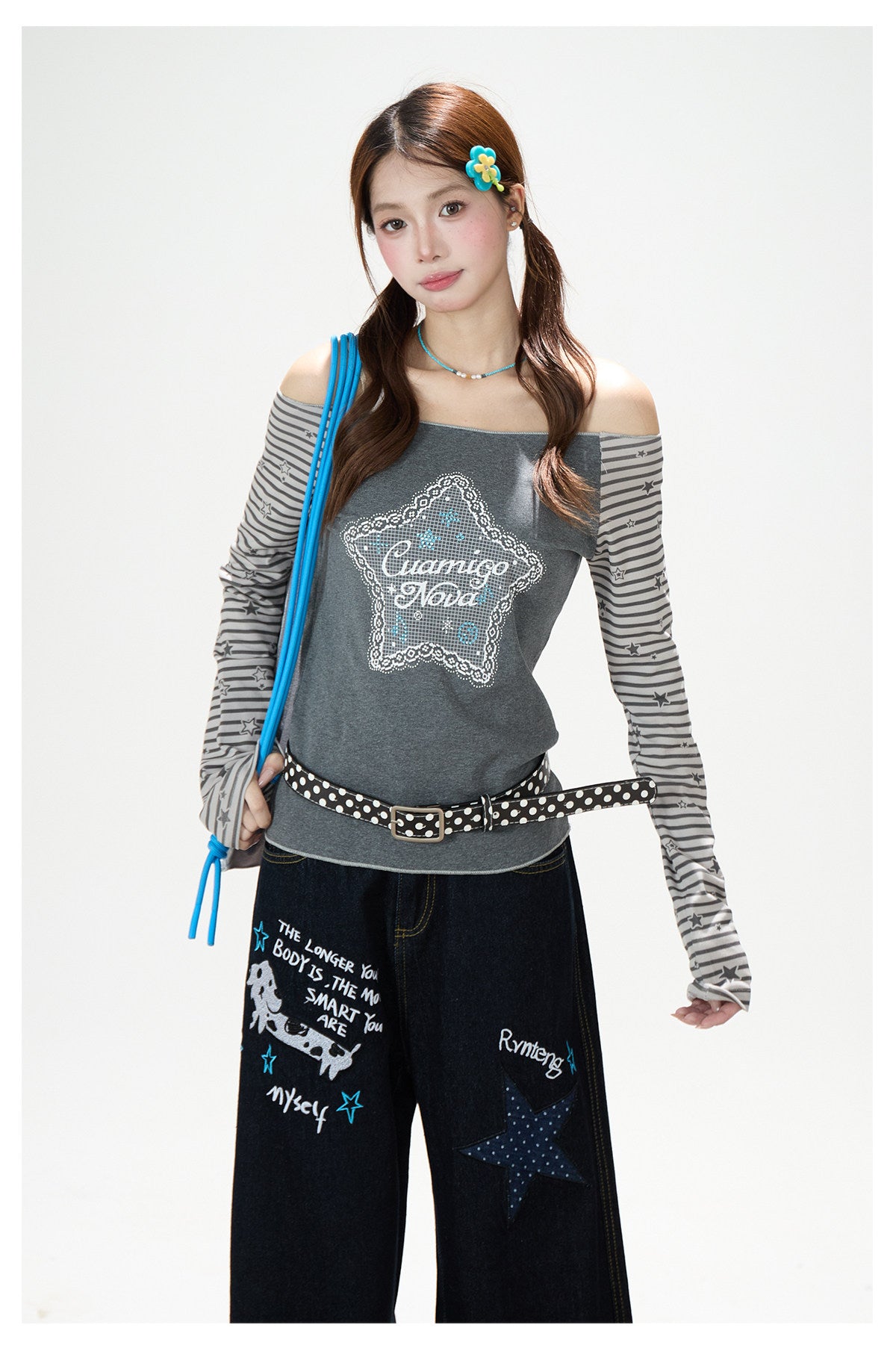 Star Stripe Off-Shoulder Long Sleeve Top & Graphic Star Wide-Leg Pants