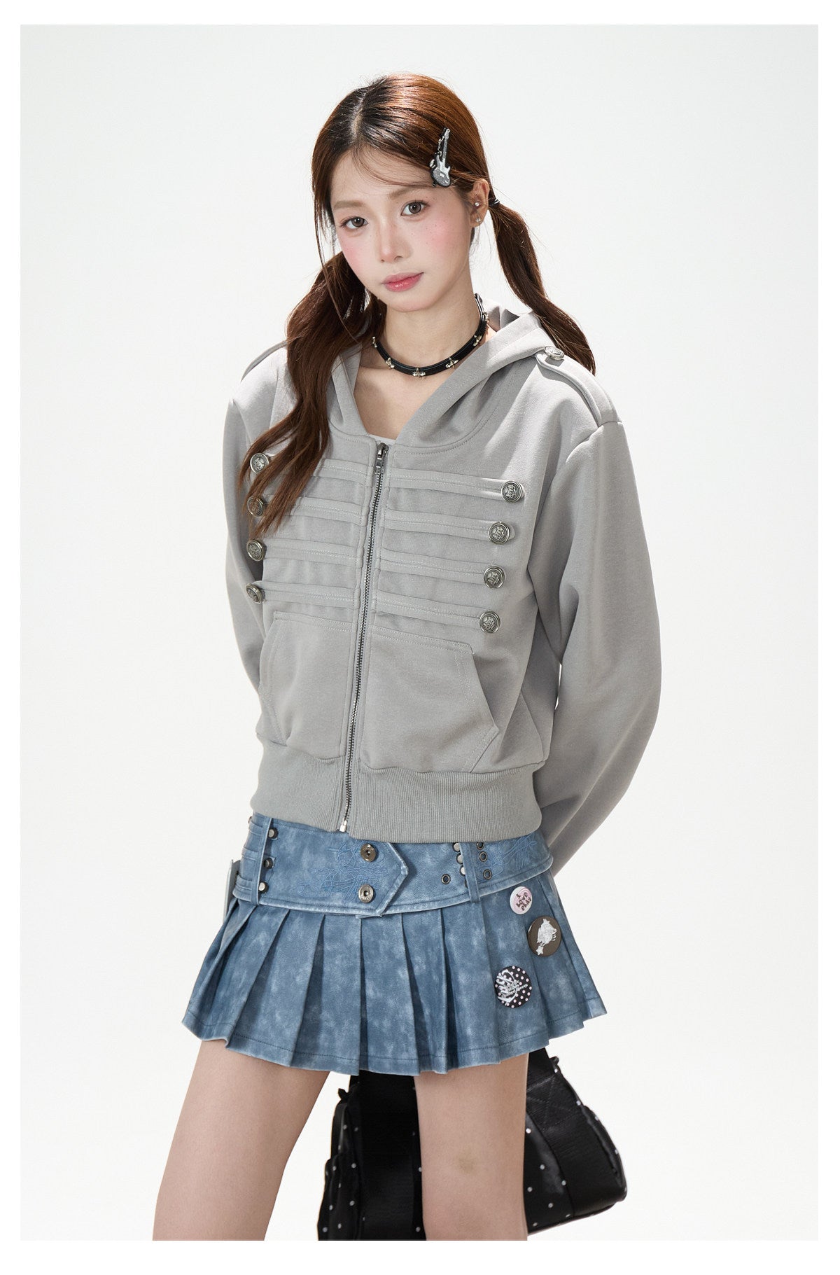 Utility Button Zip-Up Hoodie & Blue Pleated Mini Skirt