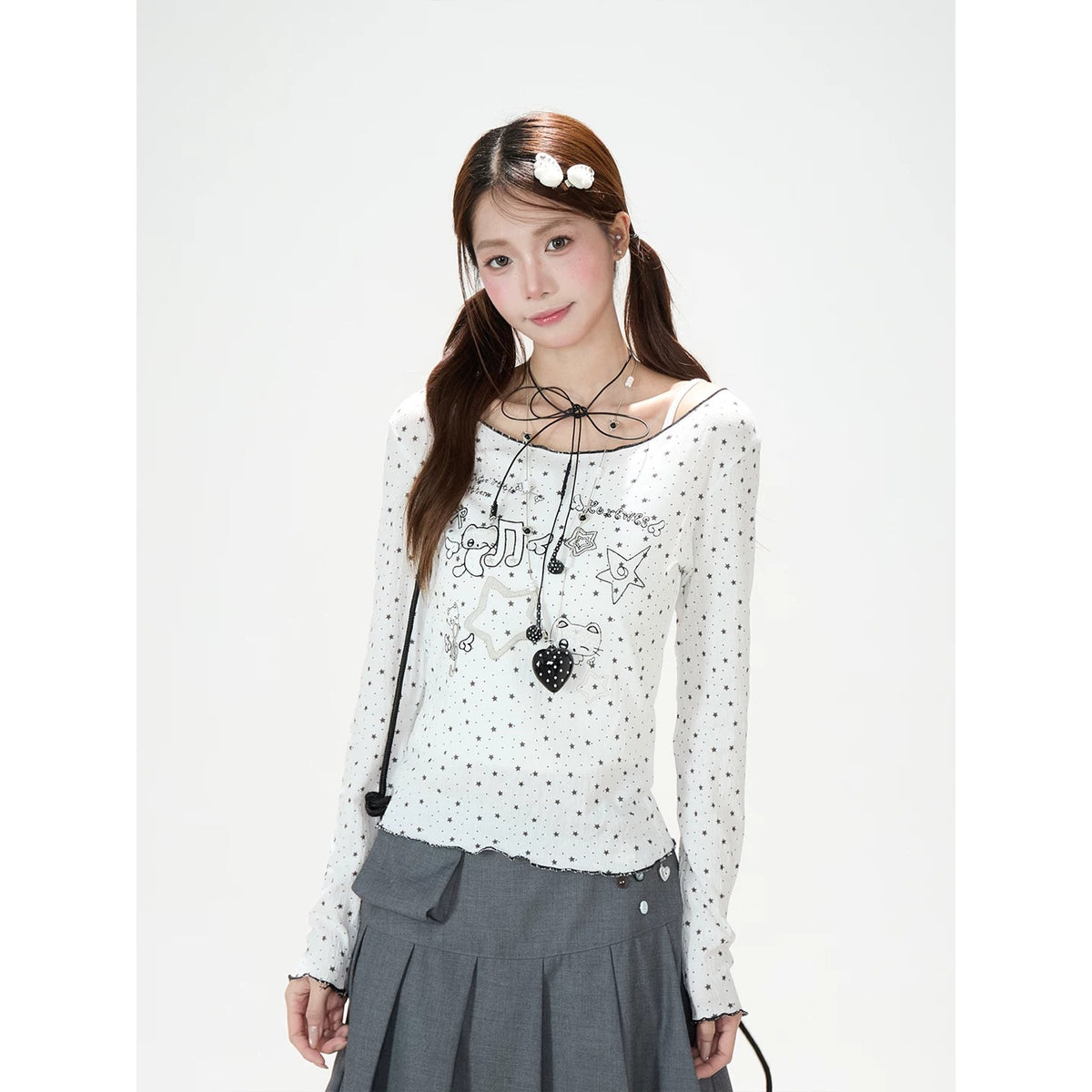 Star Cartoon Fitted Long Sleeve Top & Pleated Skirt-Layer Wide-Leg Pants