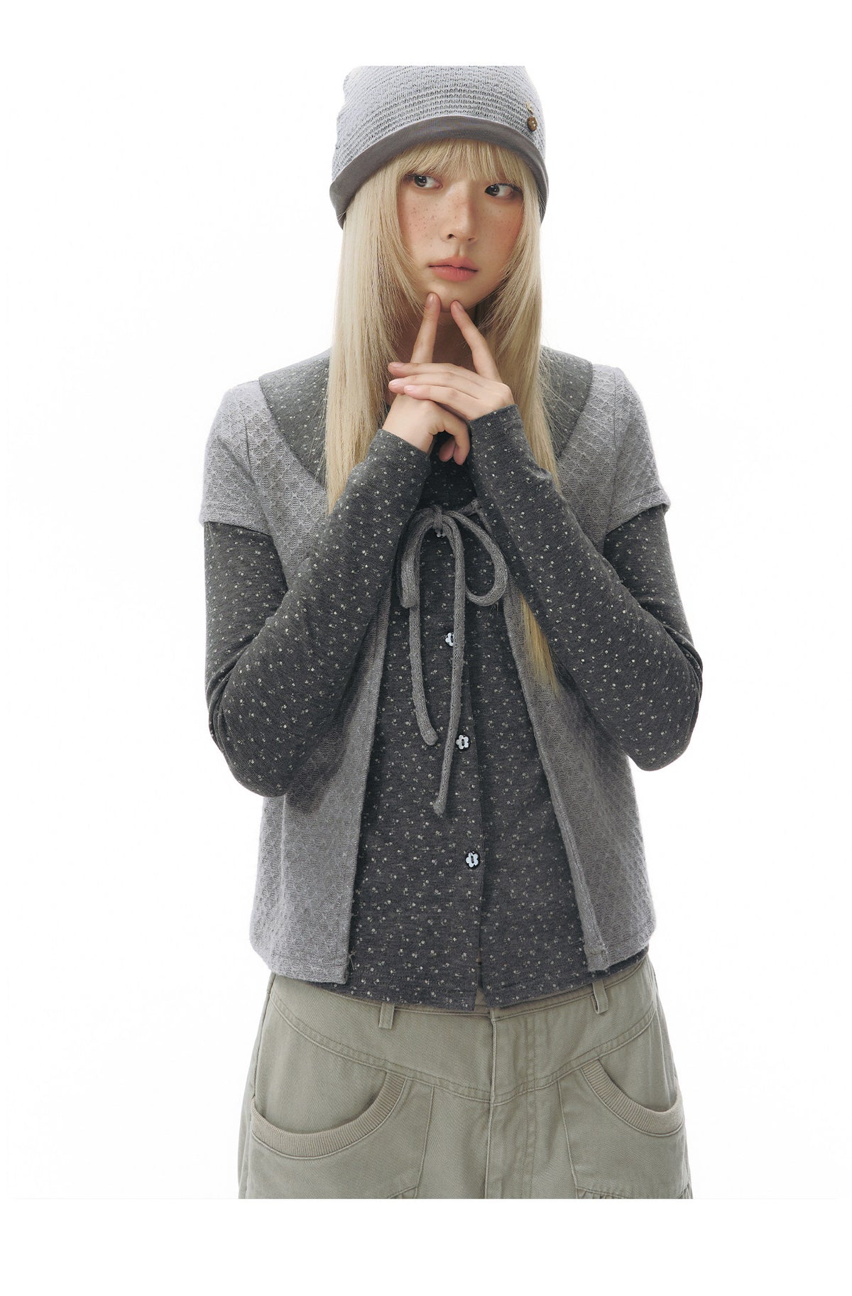 Doll-Collar Long Sleeve & Tie-Front Cardigan Set