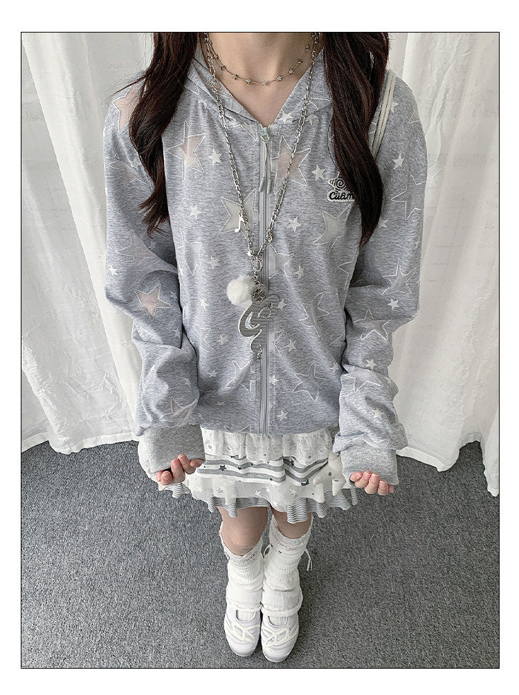 Gray Star Print Lightweight Zip-Up Hoodie