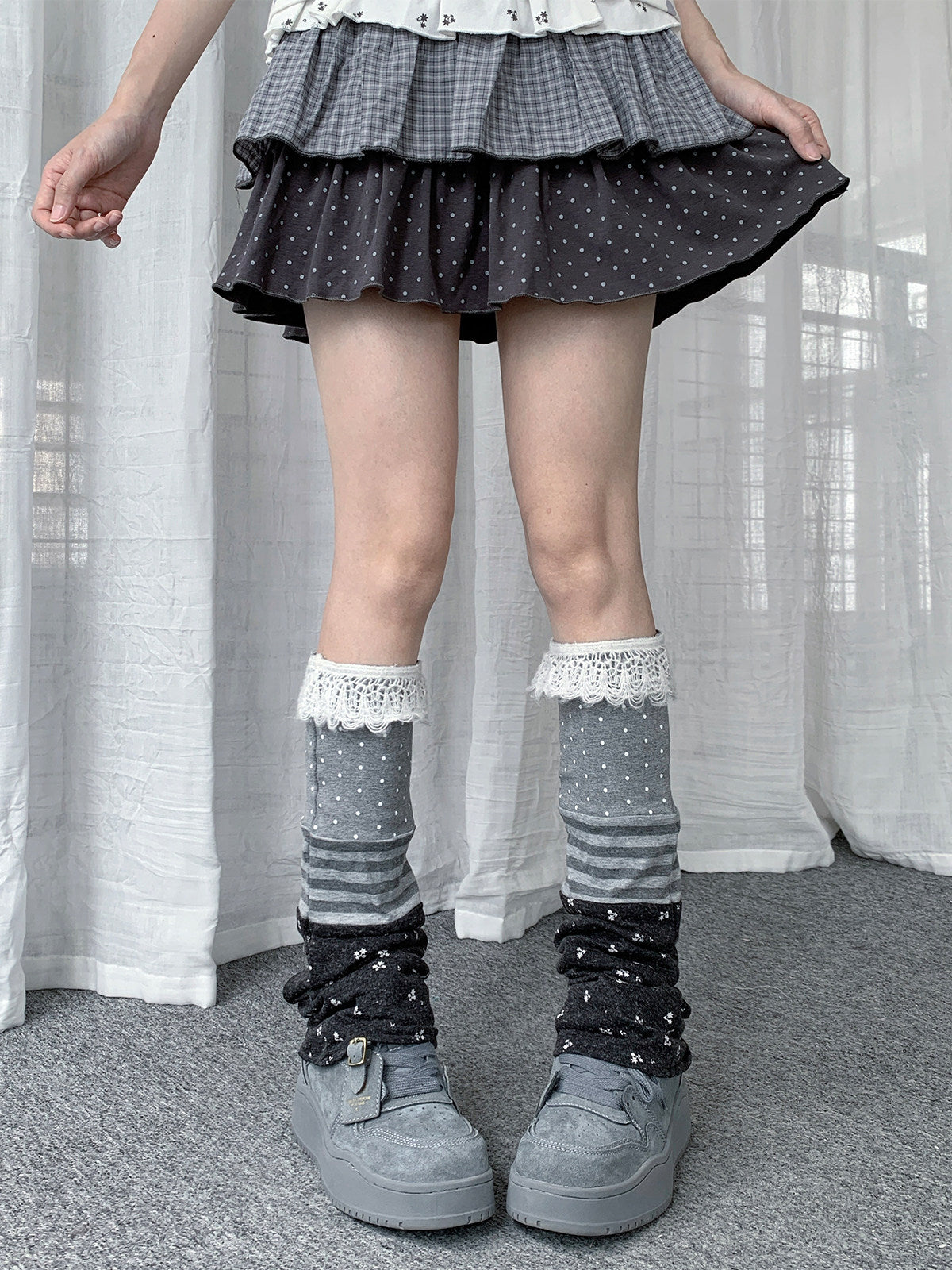 Lace Polka Dot Stripe Patchwork Leg Warmers